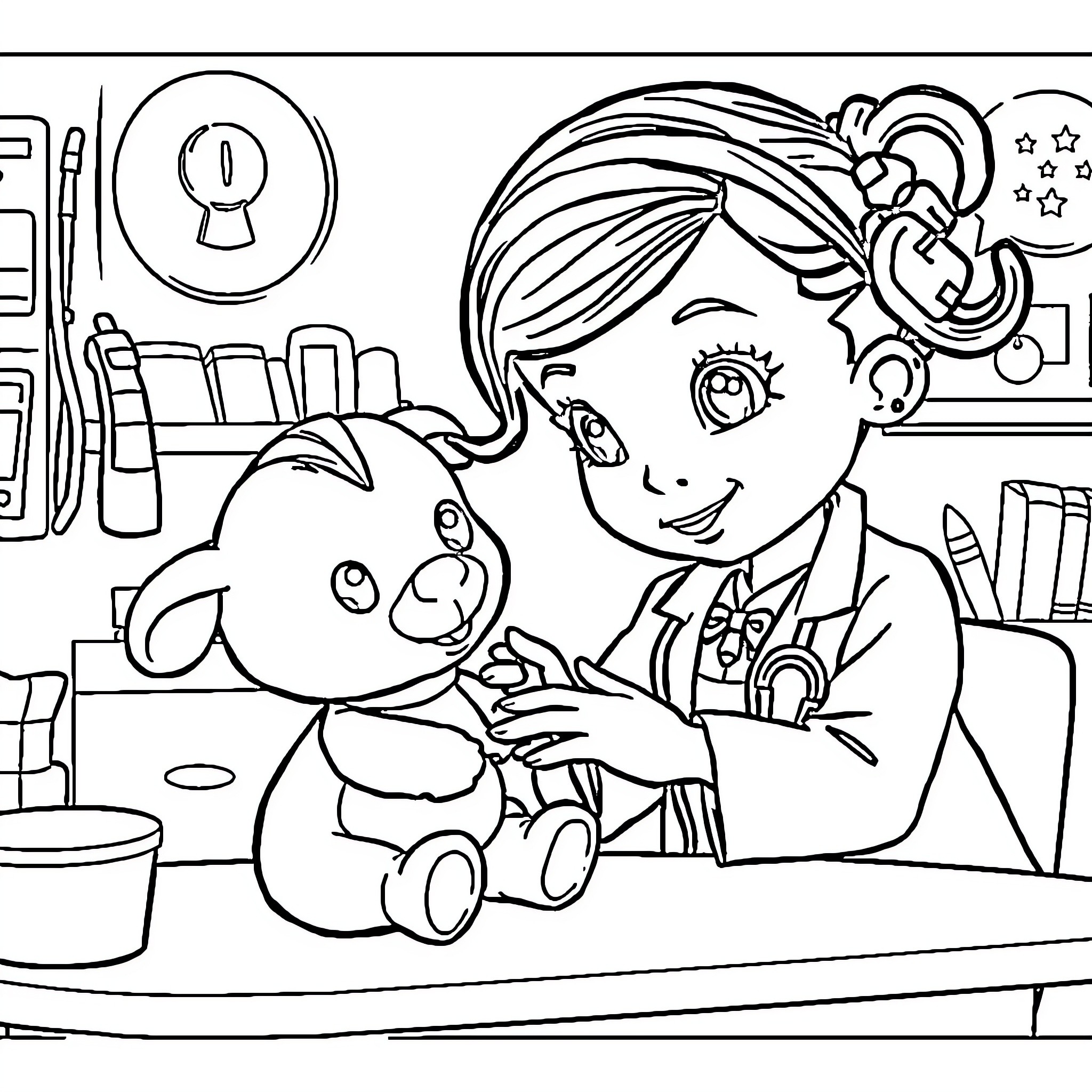 Doc McStuffins Treats and Examines Toy Patient Coloring Page (free black-and-white line drawing printable PDF for all, from beginners to advanced learners, including children, teens, adults, and seniors)