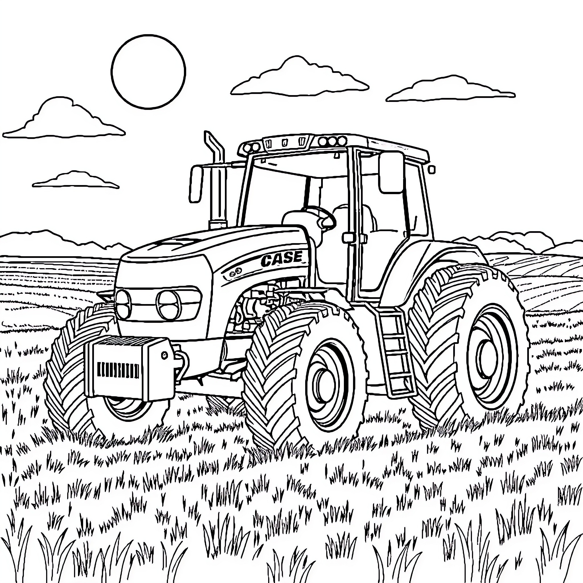 Tractor operating in rural landscape Coloring Page (free black-and-white line drawing printable PDF for all, from beginners to advanced learners, including children, teens, adults, and seniors)