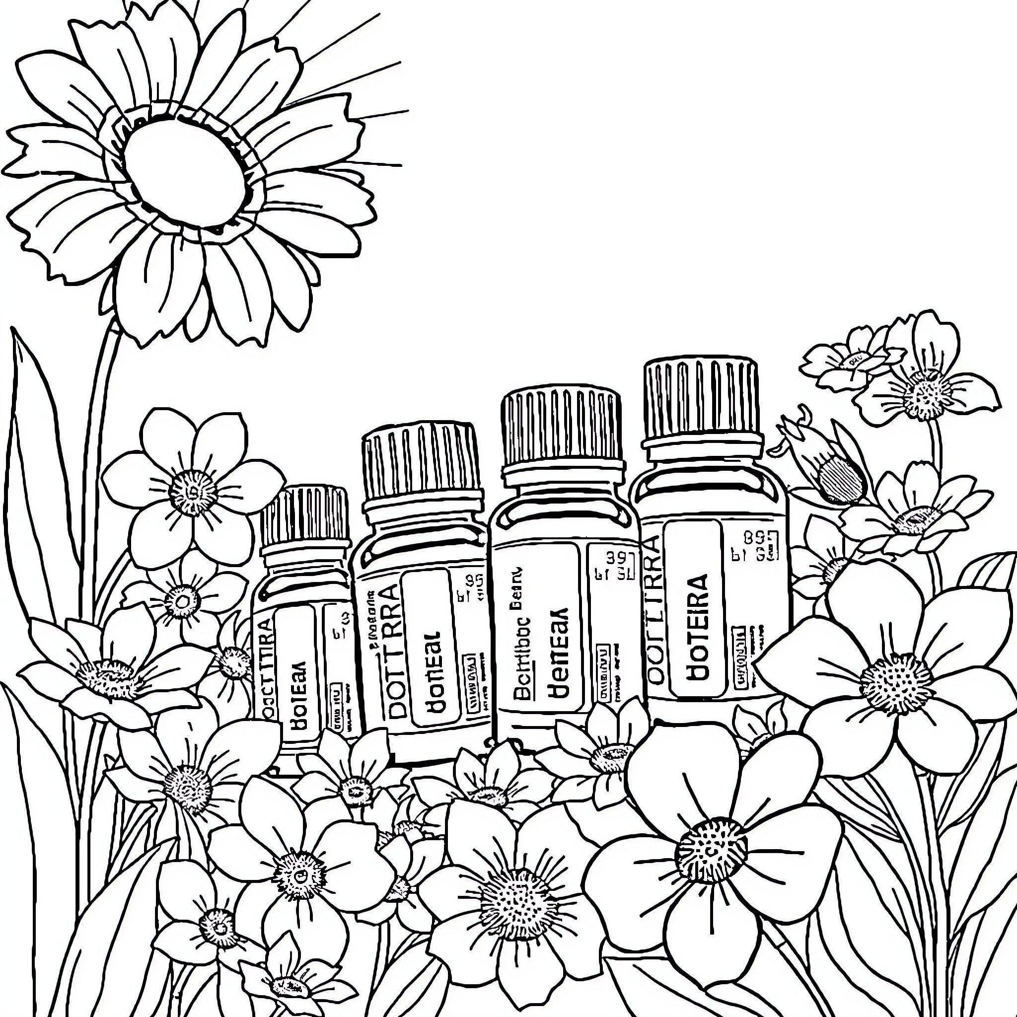 doTERRA Bottle with Flowers and Essential Oils Coloring Page (free black-and-white line drawing printable PDF for all, from beginners to advanced learners, including children, teens, adults, and seniors)