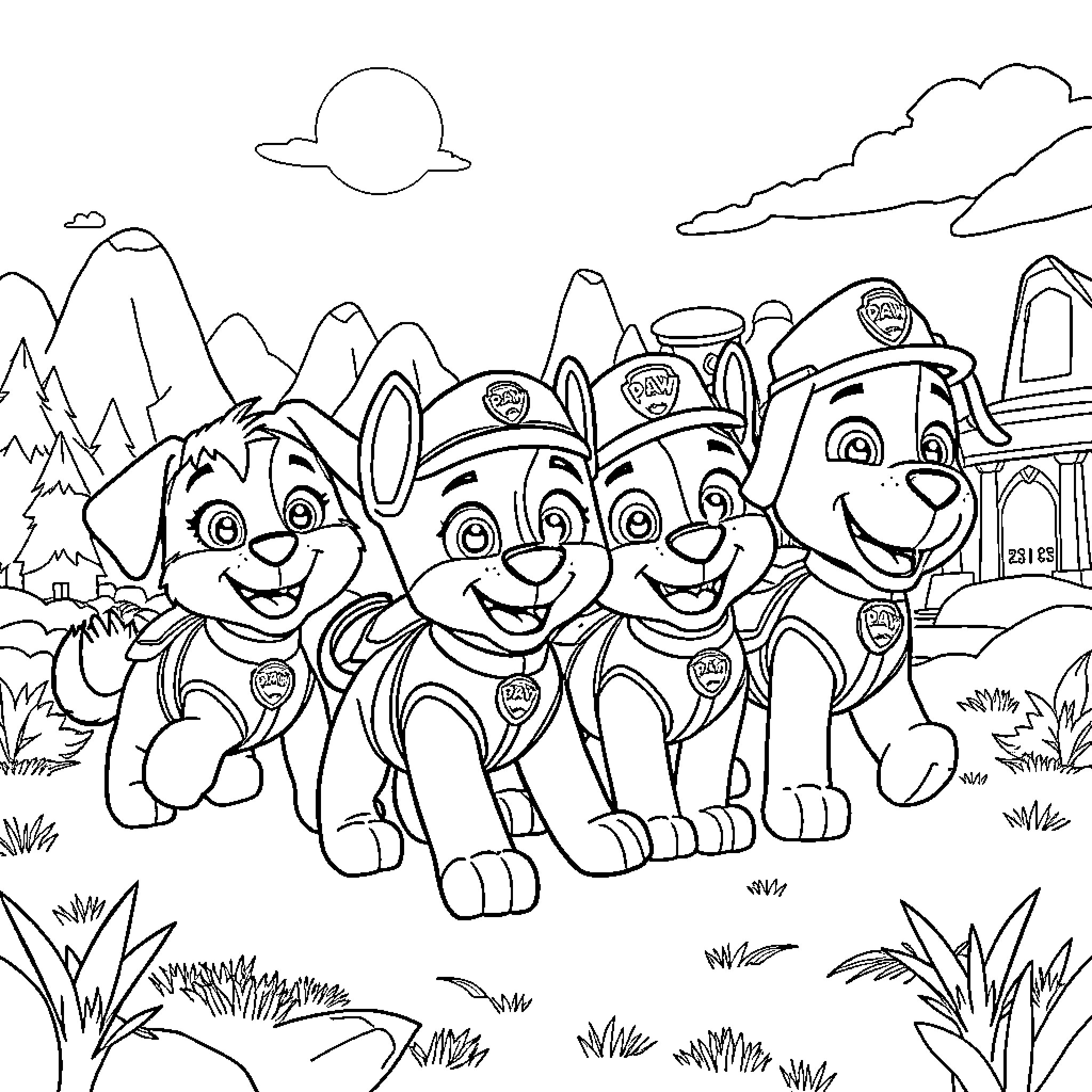 Paw Patrol pups on an adventure in the mountains Coloring Page (free black-and-white line drawing printable PDF for all, from beginners to advanced learners, including children, teens, adults, and seniors)