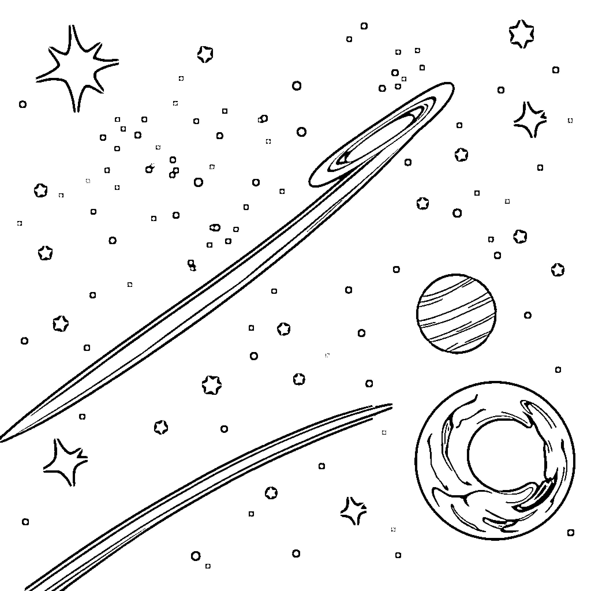 Astronomy Exploration of Outer Space Objects Coloring Page (free black-and-white line drawing printable PDF for all, from beginners to advanced learners, including children, teens, adults, and seniors)