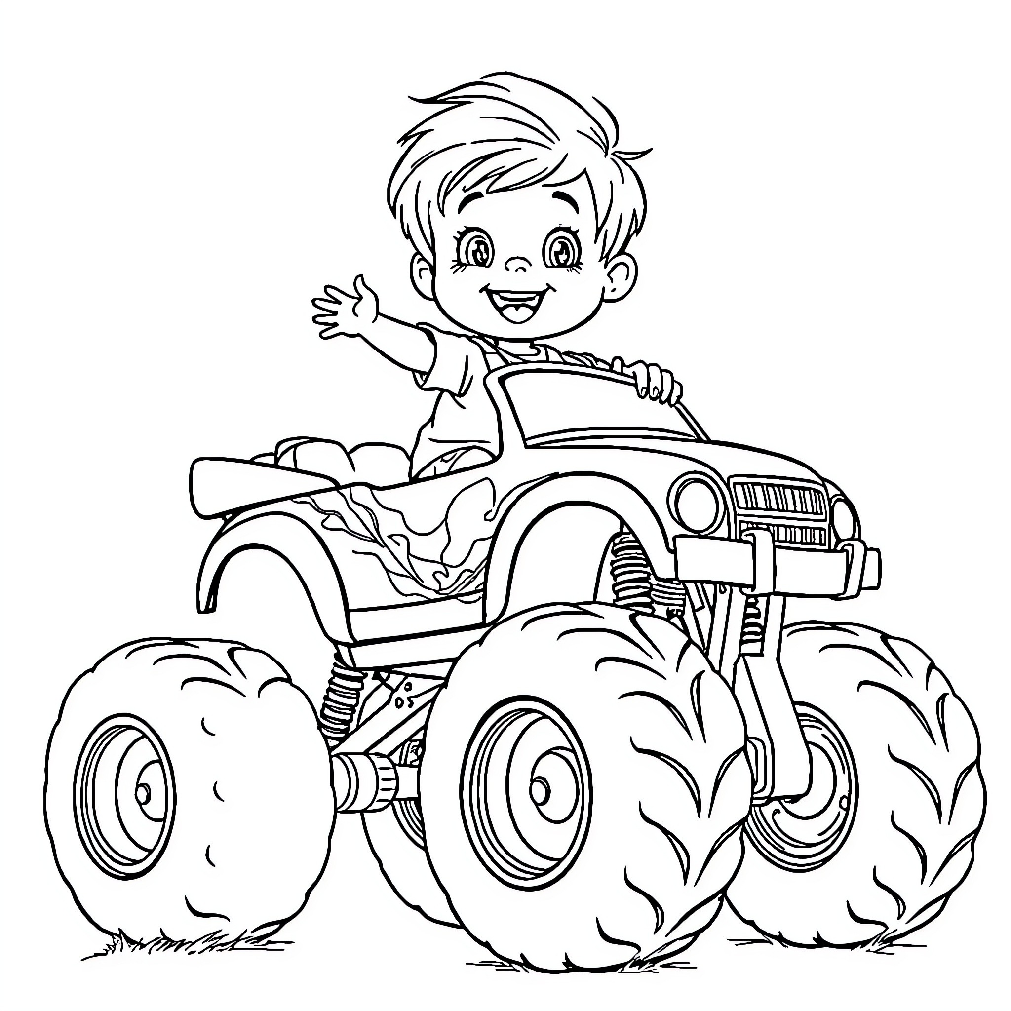 Boy driving a big off-road vehicle happily Coloring Page (free black-and-white line drawing printable PDF for all, from beginners to advanced learners, including children, teens, adults, and seniors)
