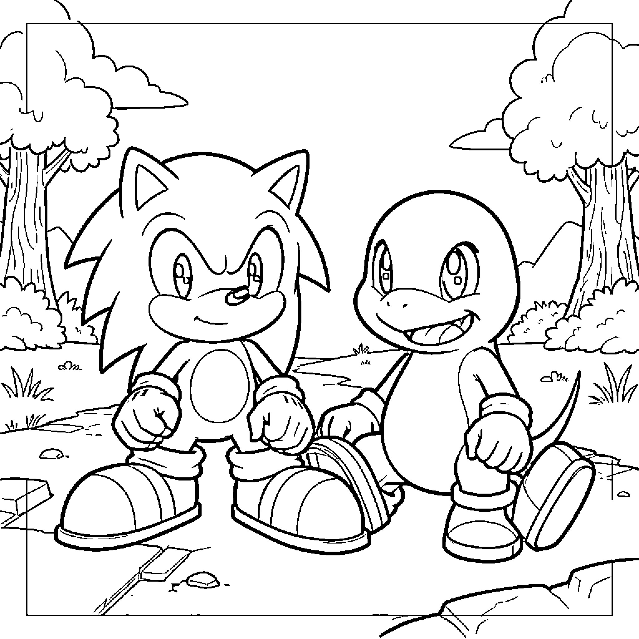 Sonic and a small creature sitting together outdoors Coloring Page (free black-and-white line drawing printable PDF for all, from beginners to advanced learners, including children, teens, adults, and seniors)