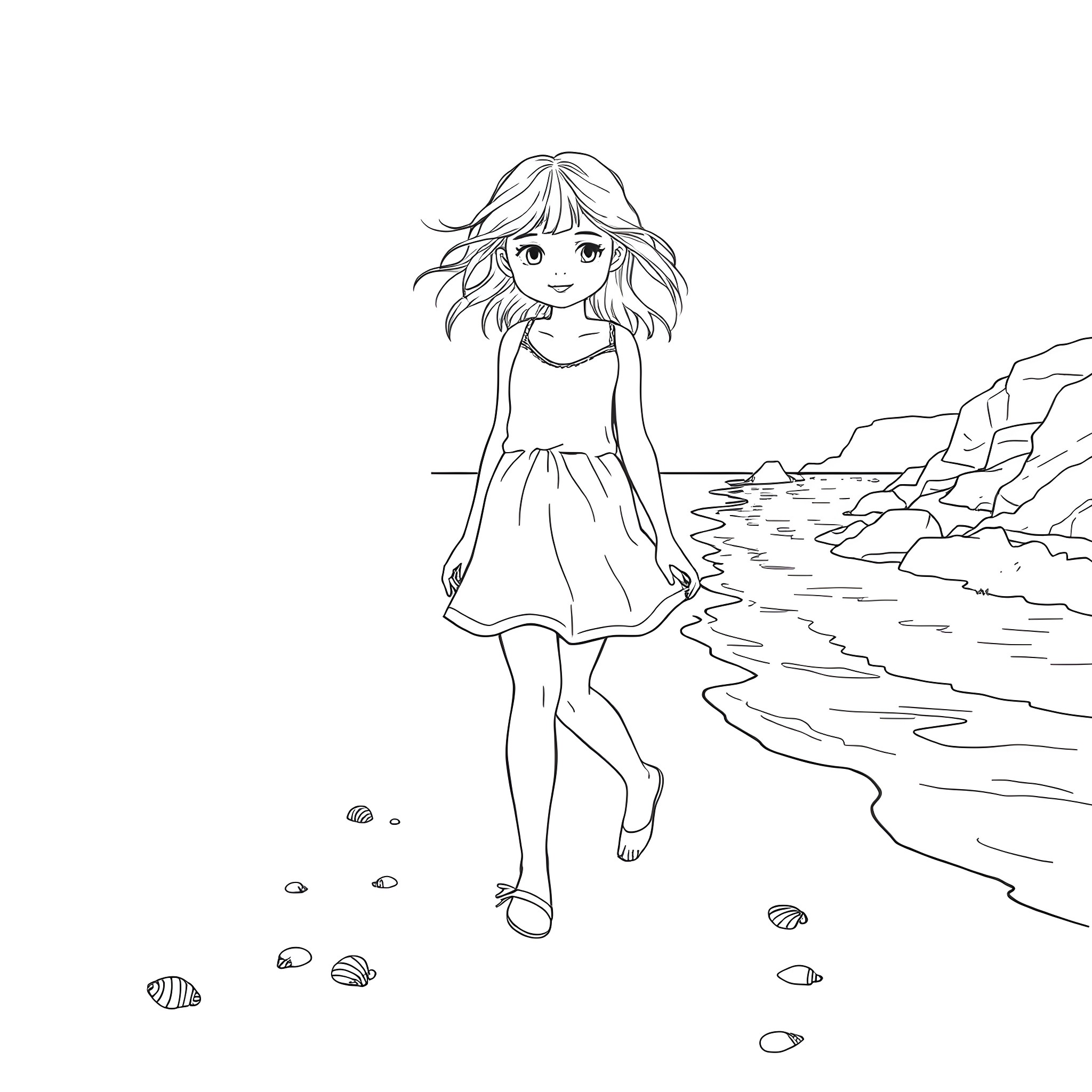 Girl walking along the beach Coloring Page (free black-and-white line drawing printable PDF for all, from beginners to advanced learners, including children, teens, adults, and seniors)