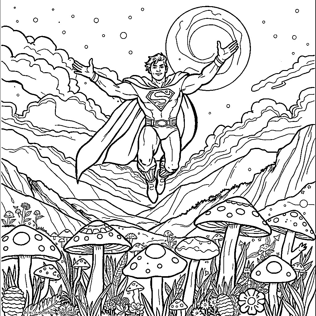 Superman soaring through the cosmic landscape Coloring Page (free black-and-white line drawing printable PDF for all, from beginners to advanced learners, including children, teens, adults, and seniors)