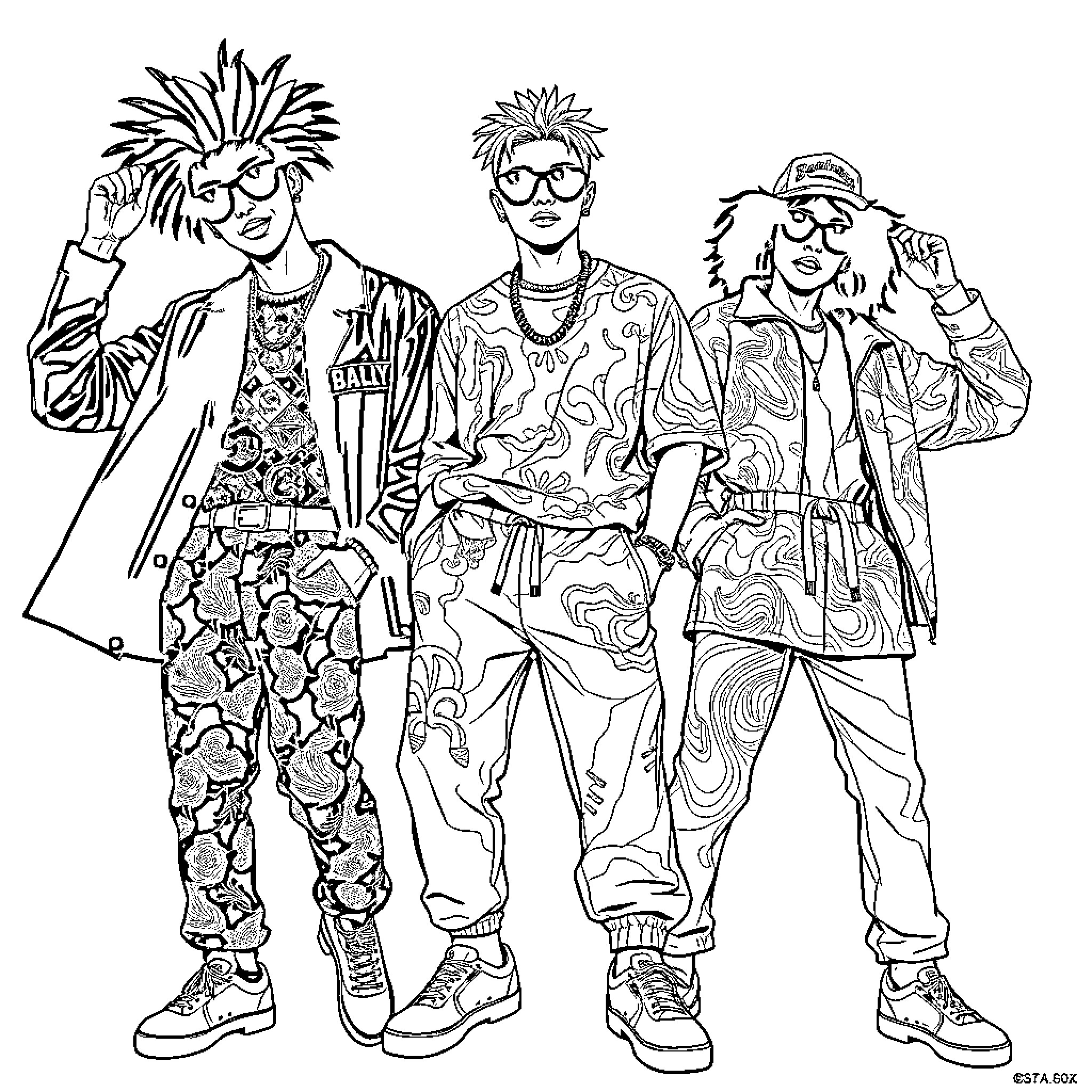 Streetwear fashion: Stylish youth in expressive poses Coloring Page (free black-and-white line drawing printable PDF for all, from beginners to advanced learners, including children, teens, adults, and seniors)