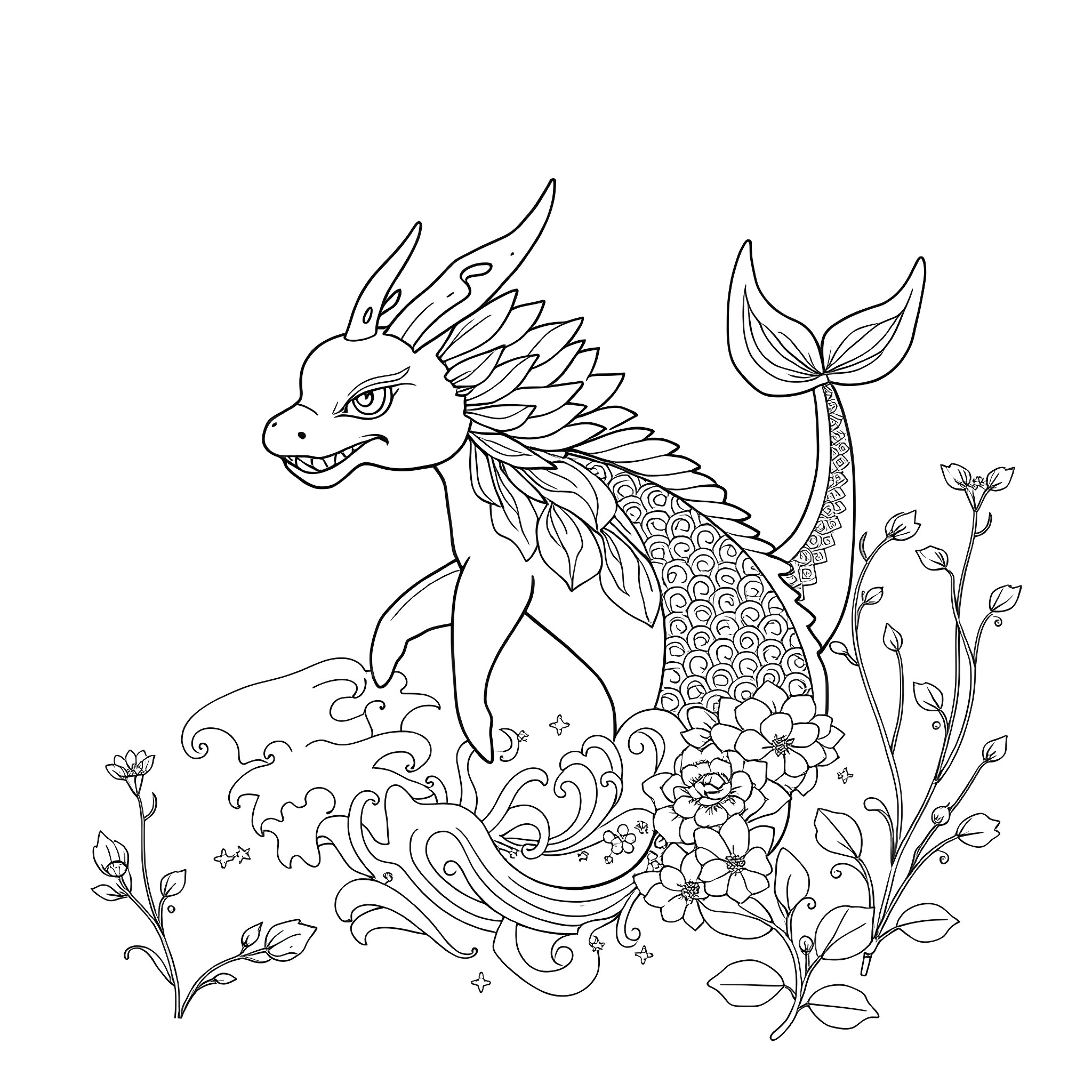 Mishipeshu swimming elegantly amidst floral designs Coloring Page (free black-and-white line drawing printable PDF for all, from beginners to advanced learners, including children, teens, adults, and seniors)