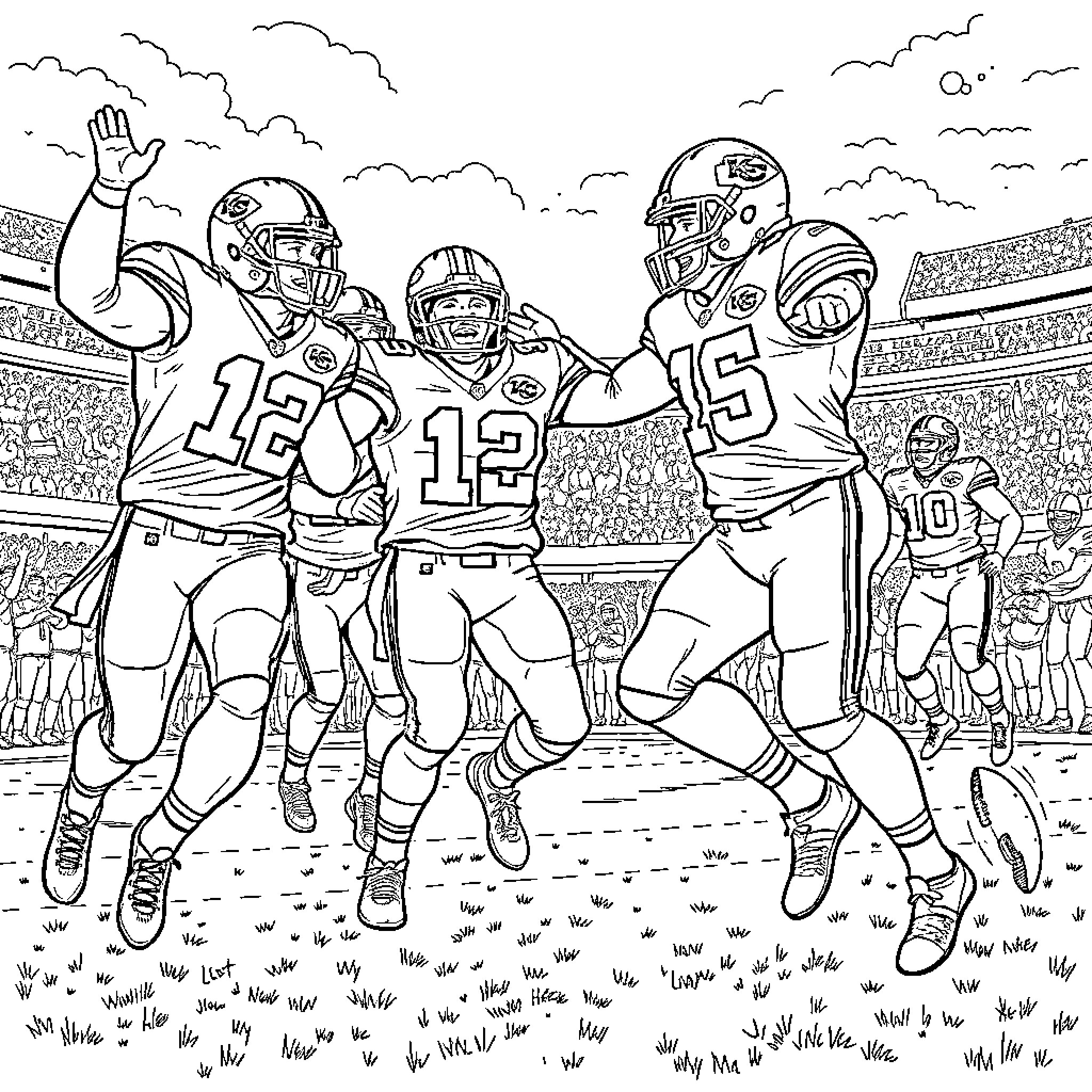 Kansas City Chiefs players celebrating on the field Coloring Page (free black-and-white line drawing printable PDF for all, from beginners to advanced learners, including children, teens, adults, and seniors)