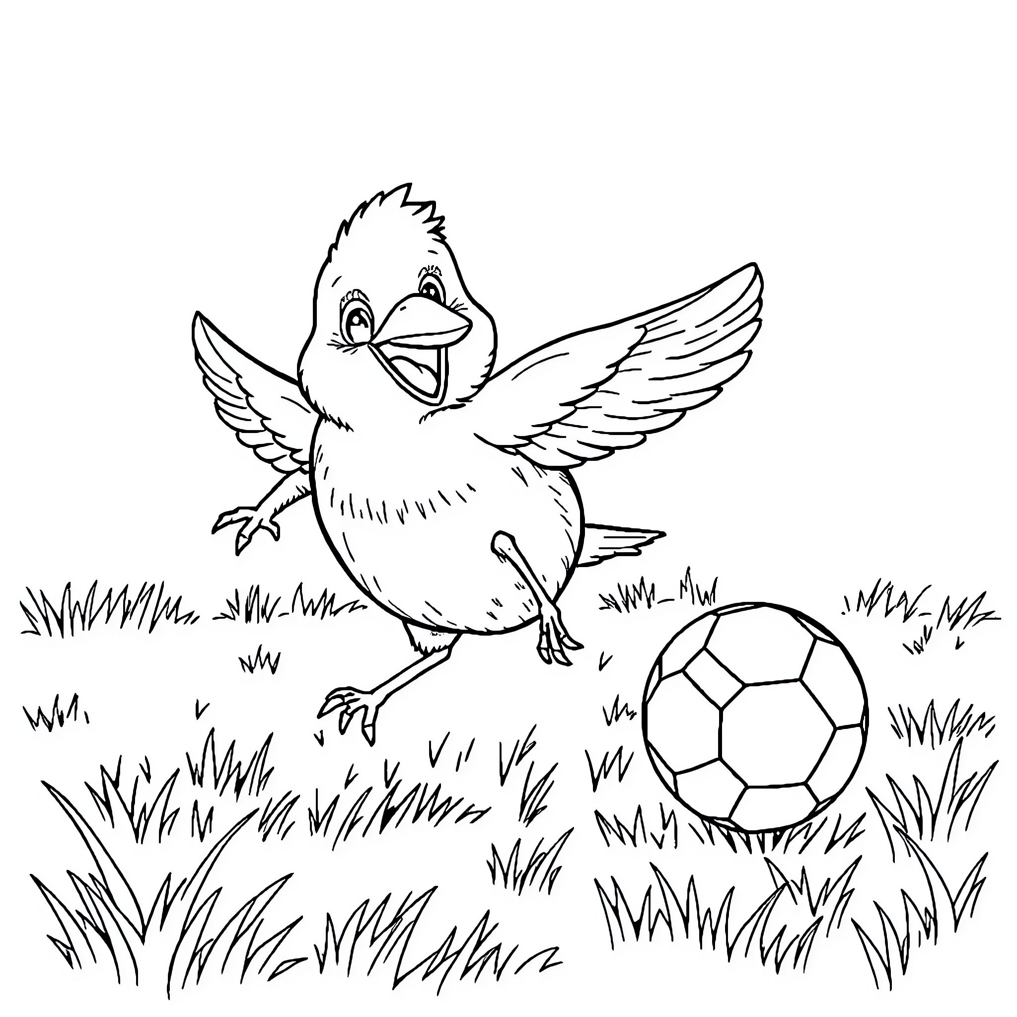 Bird playing with soccer ball in field Coloring Page (free black-and-white line drawing printable PDF for all, from beginners to advanced learners, including children, teens, adults, and seniors)