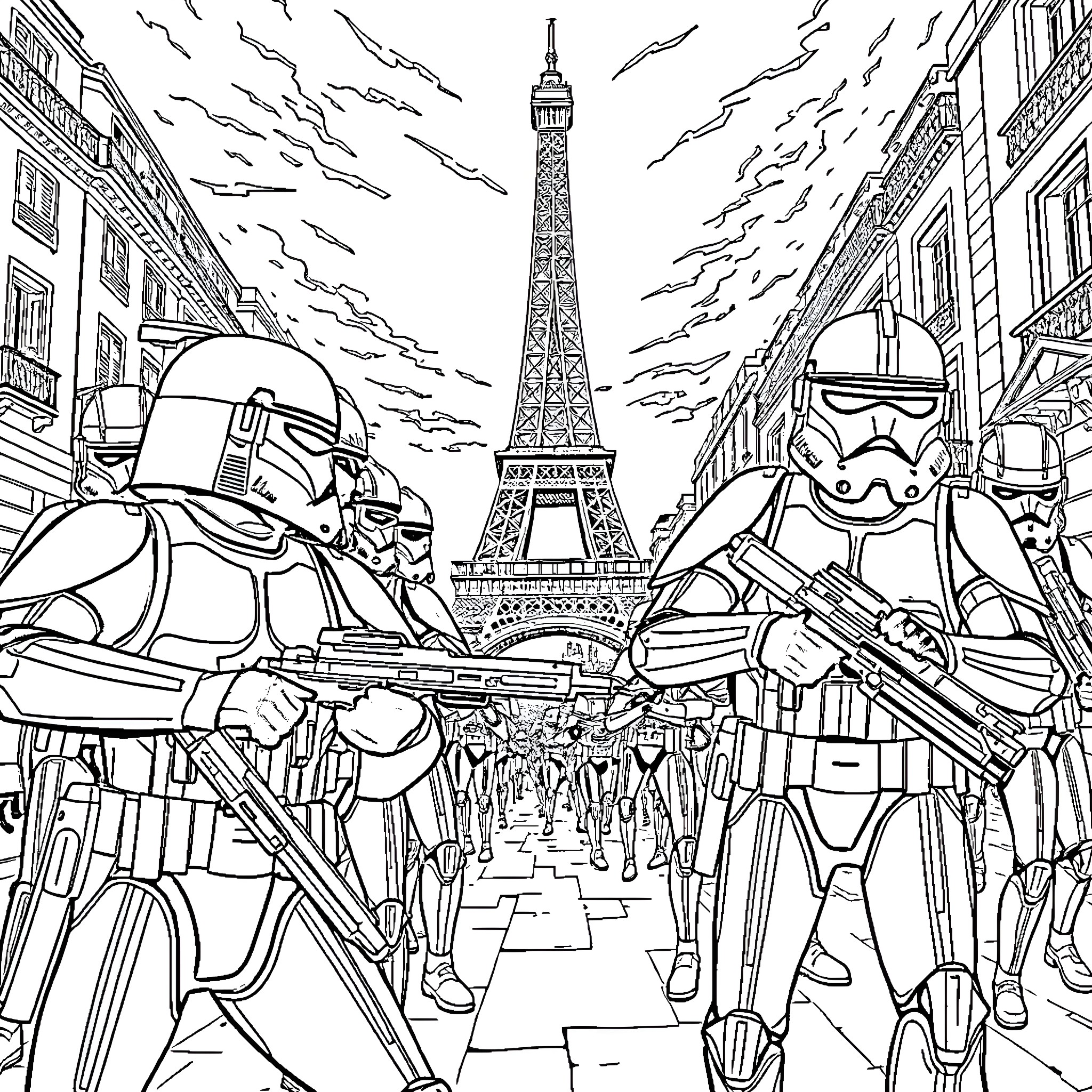 Clone Troopers on Patrol in Paris Coloring Page (free black-and-white line drawing printable PDF for all, from beginners to advanced learners, including children, teens, adults, and seniors)