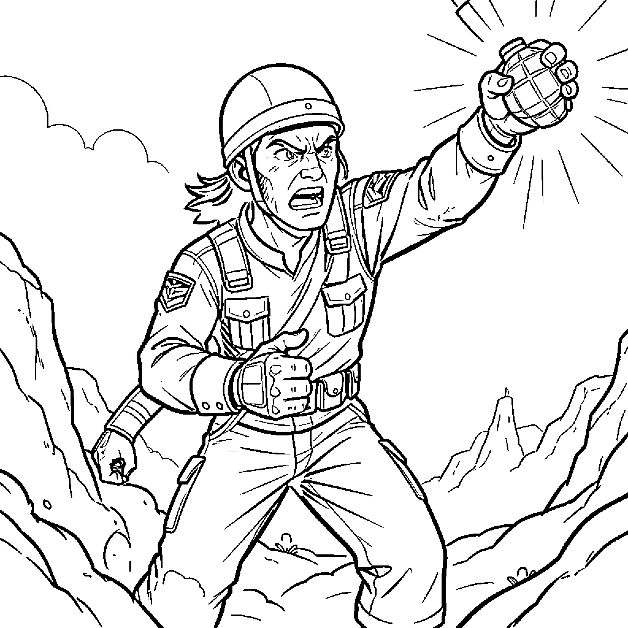 Darkar soldier throwing a grenade with intense expression Coloring Page (free black-and-white line drawing printable PDF for all, from beginners to advanced learners, including children, teens, adults, and seniors)