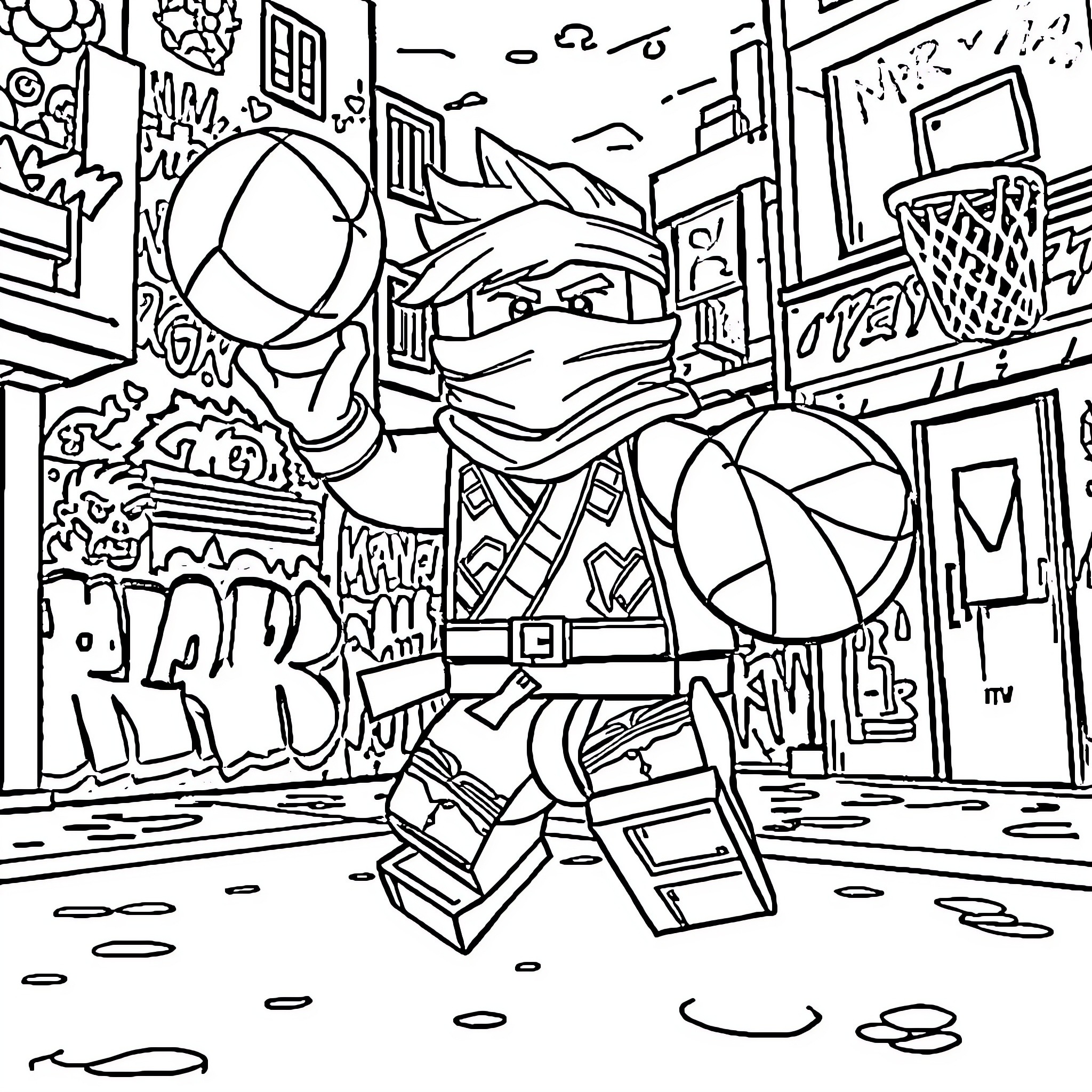 Garmadon's Ninja Adventure in the City Coloring Page (free black-and-white line drawing printable PDF for all, from beginners to advanced learners, including children, teens, adults, and seniors)