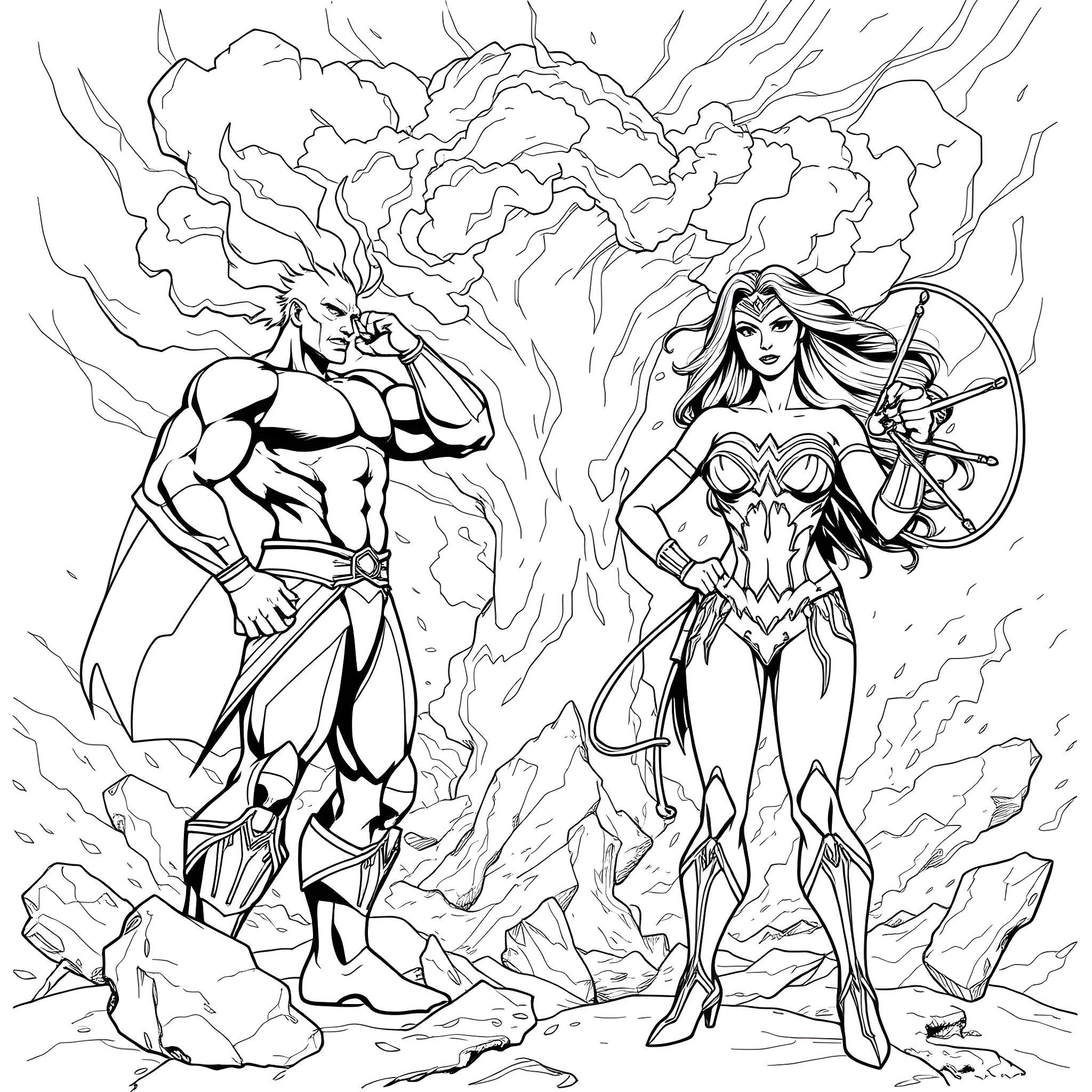 X-Men: Superheroes in Epic Battle Coloring Page (free black-and-white line drawing printable PDF for all, from beginners to advanced learners, including children, teens, adults, and seniors)