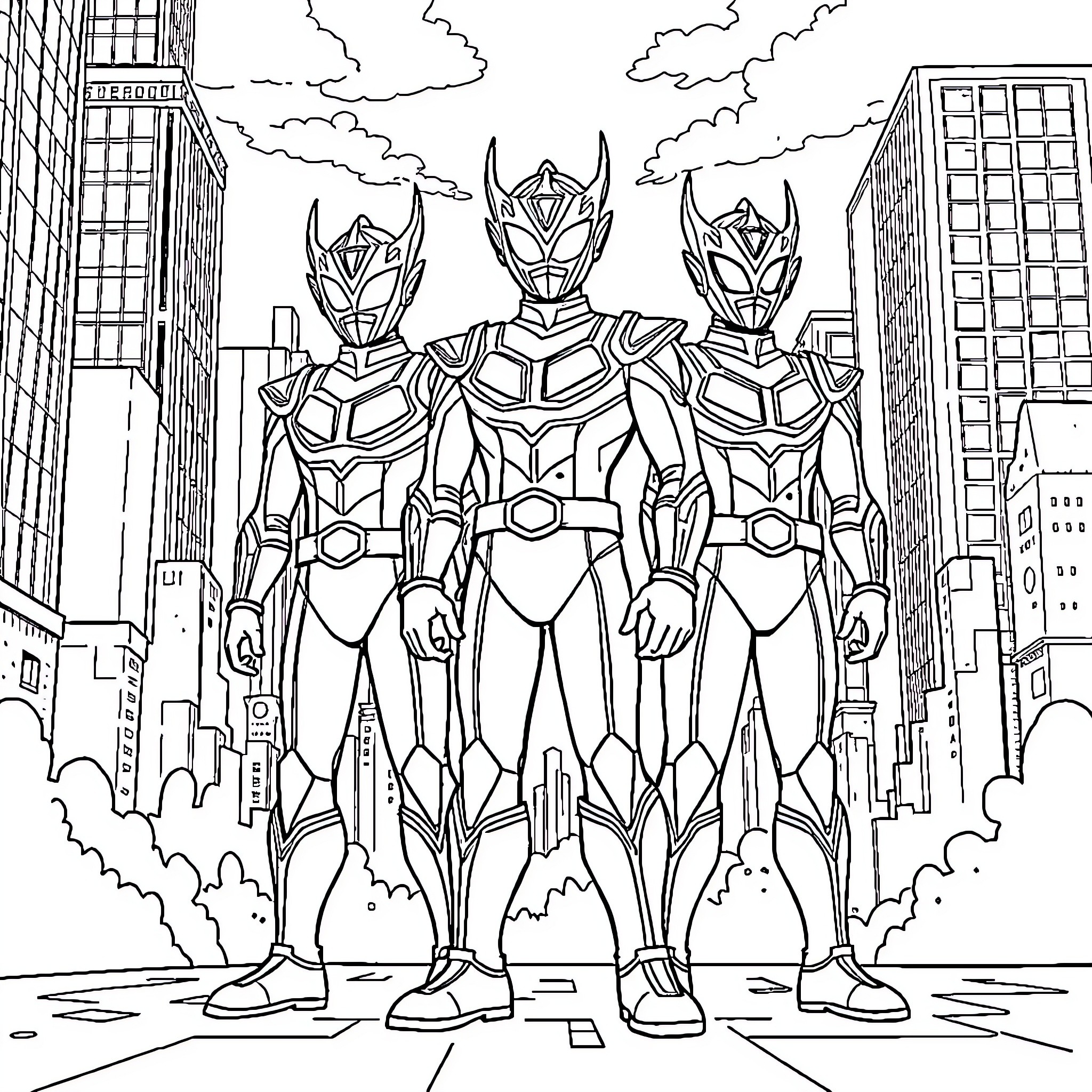 Ultramen heroes defending the city Coloring Page (free black-and-white line drawing printable PDF for all, from beginners to advanced learners, including children, teens, adults, and seniors)