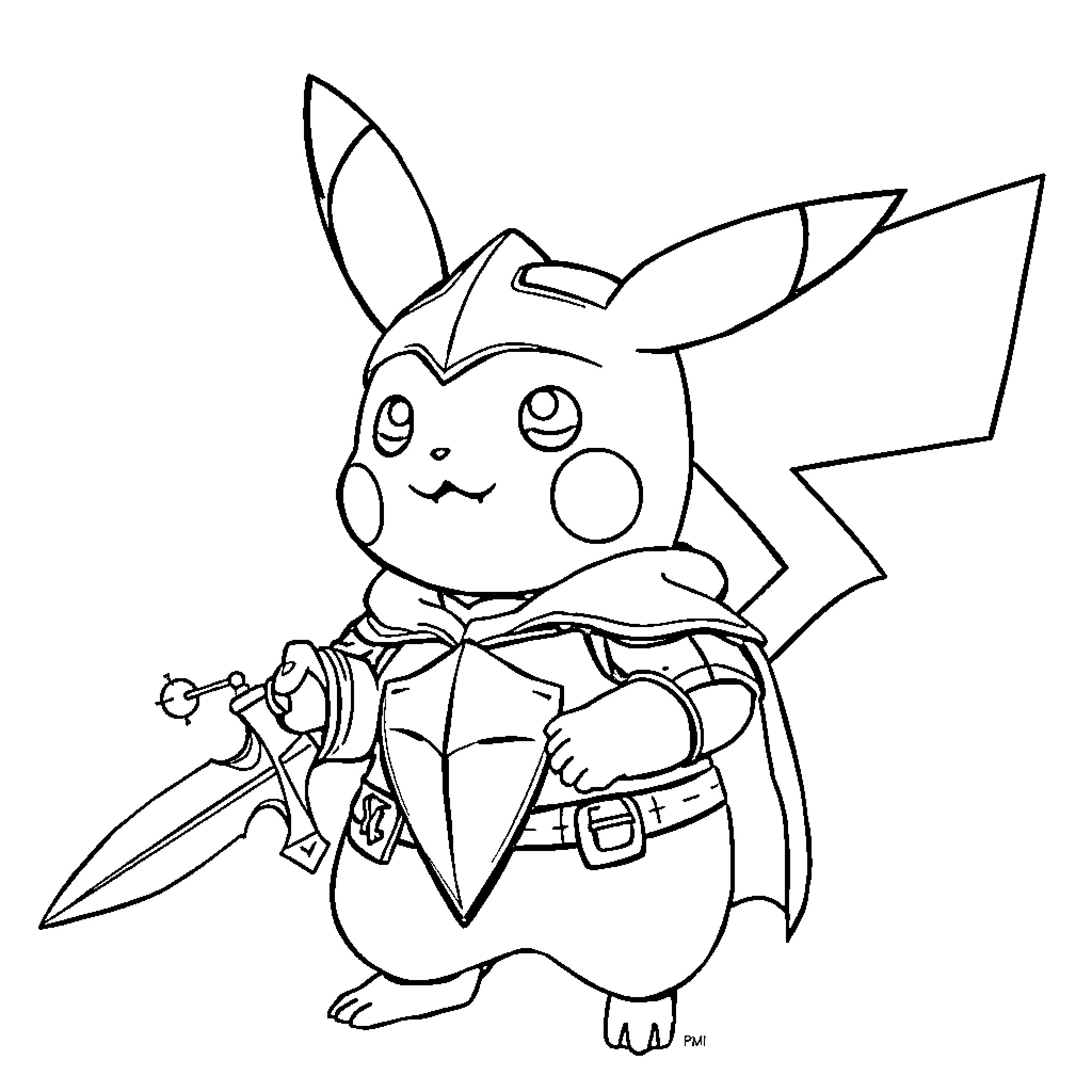Pikachu in adventure gear with sword Coloring Page (free black-and-white line drawing printable PDF for all, from beginners to advanced learners, including children, teens, adults, and seniors)