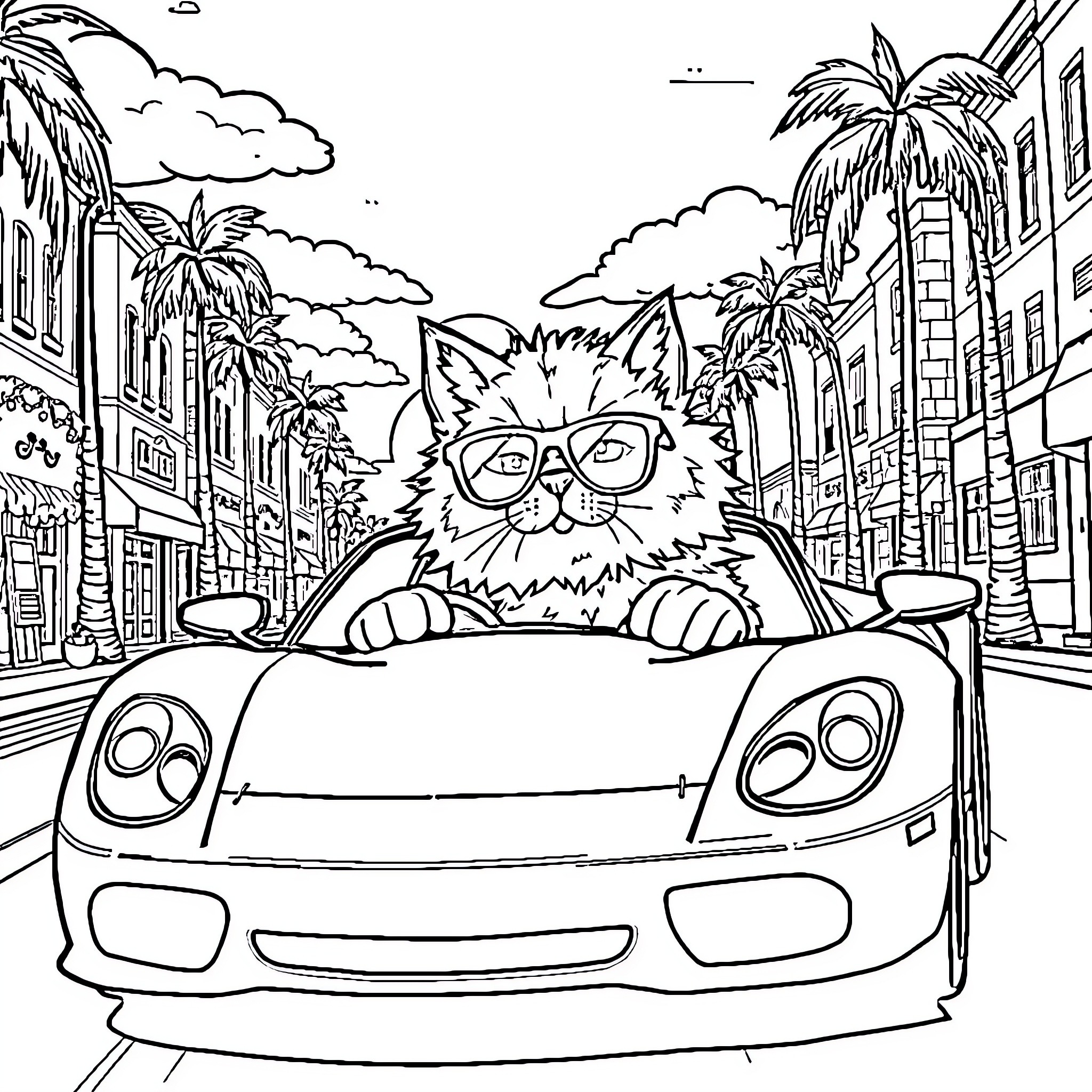 Cat driving a sports car in the city Coloring Page (free black-and-white line drawing printable PDF for all, from beginners to advanced learners, including children, teens, adults, and seniors)
