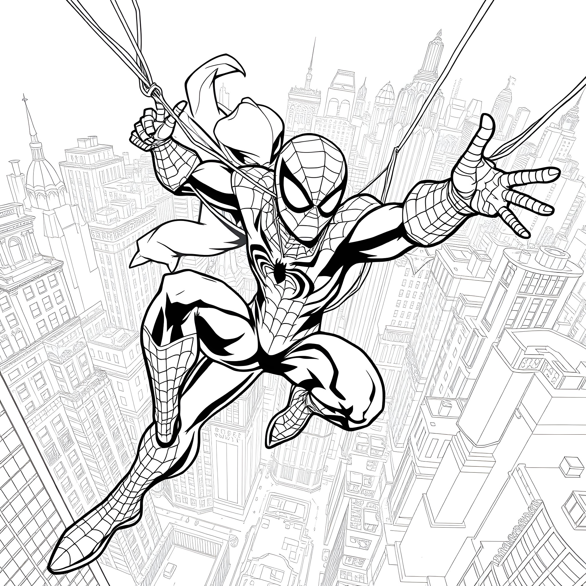 Spidey swinging through the city with heroic action Coloring Page (free black-and-white line drawing printable PDF for all, from beginners to advanced learners, including children, teens, adults, and seniors)