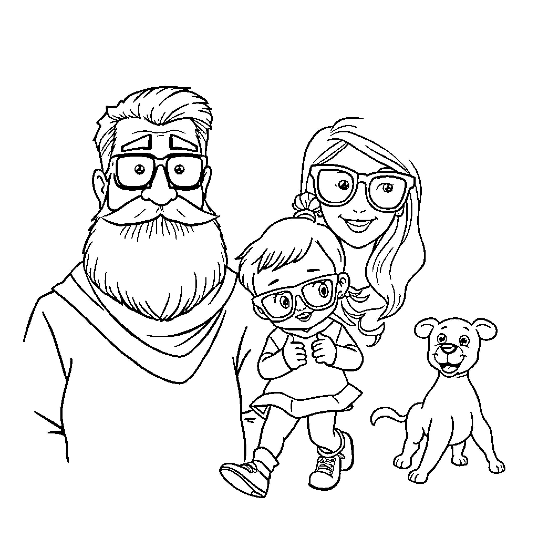 Family enjoying time together with pets Coloring Page (free black-and-white line drawing printable PDF for all, from beginners to advanced learners, including children, teens, adults, and seniors)