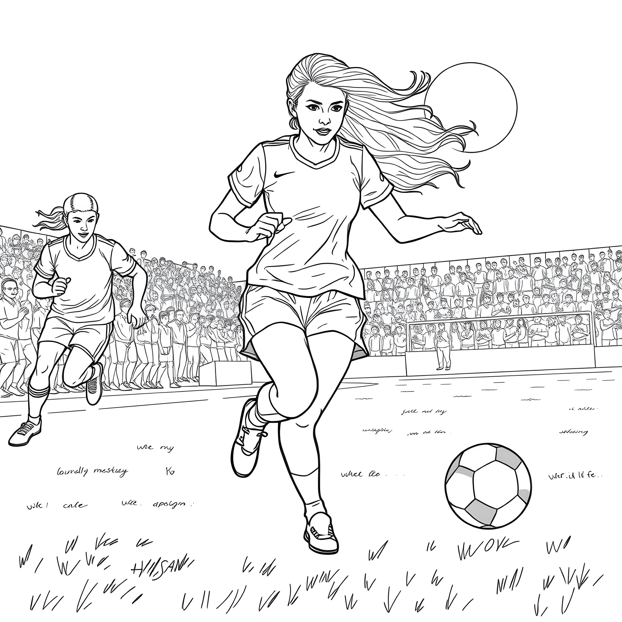 Girl Kicking Soccer Ball on Sports Field Coloring Page (free black-and-white line drawing printable PDF for all, from beginners to advanced learners, including children, teens, adults, and seniors)