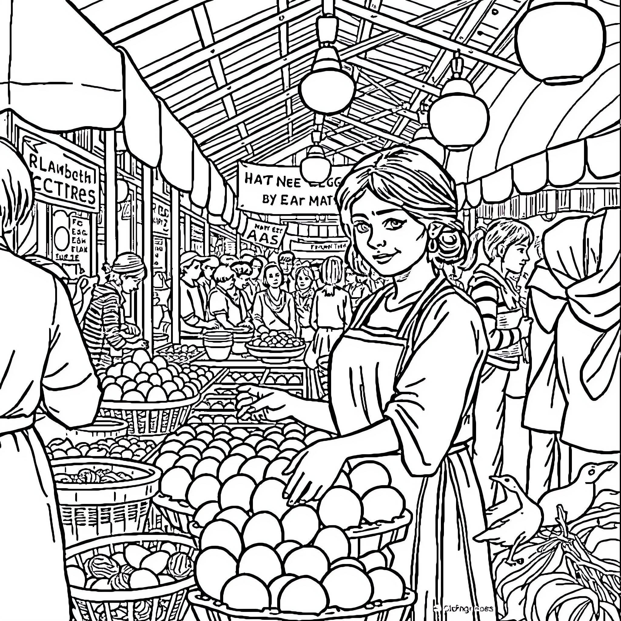 Mom's Day at the Bustling Marketplace Coloring Page (free black-and-white line drawing printable PDF for all, from beginners to advanced learners, including children, teens, adults, and seniors)