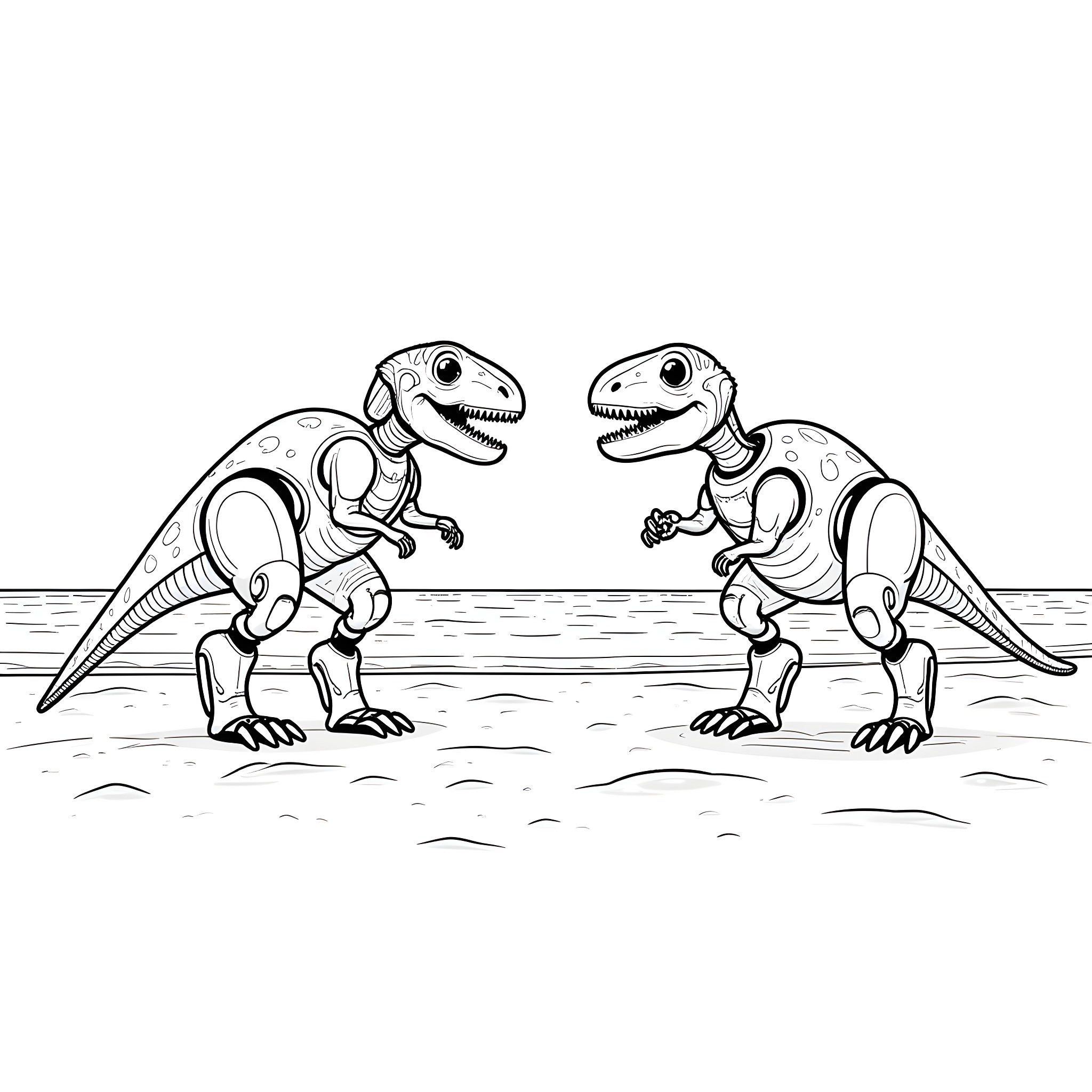 Dinosaurs playfully interacting with each other Coloring Page (free black-and-white line drawing printable PDF for all, from beginners to advanced learners, including children, teens, adults, and seniors)