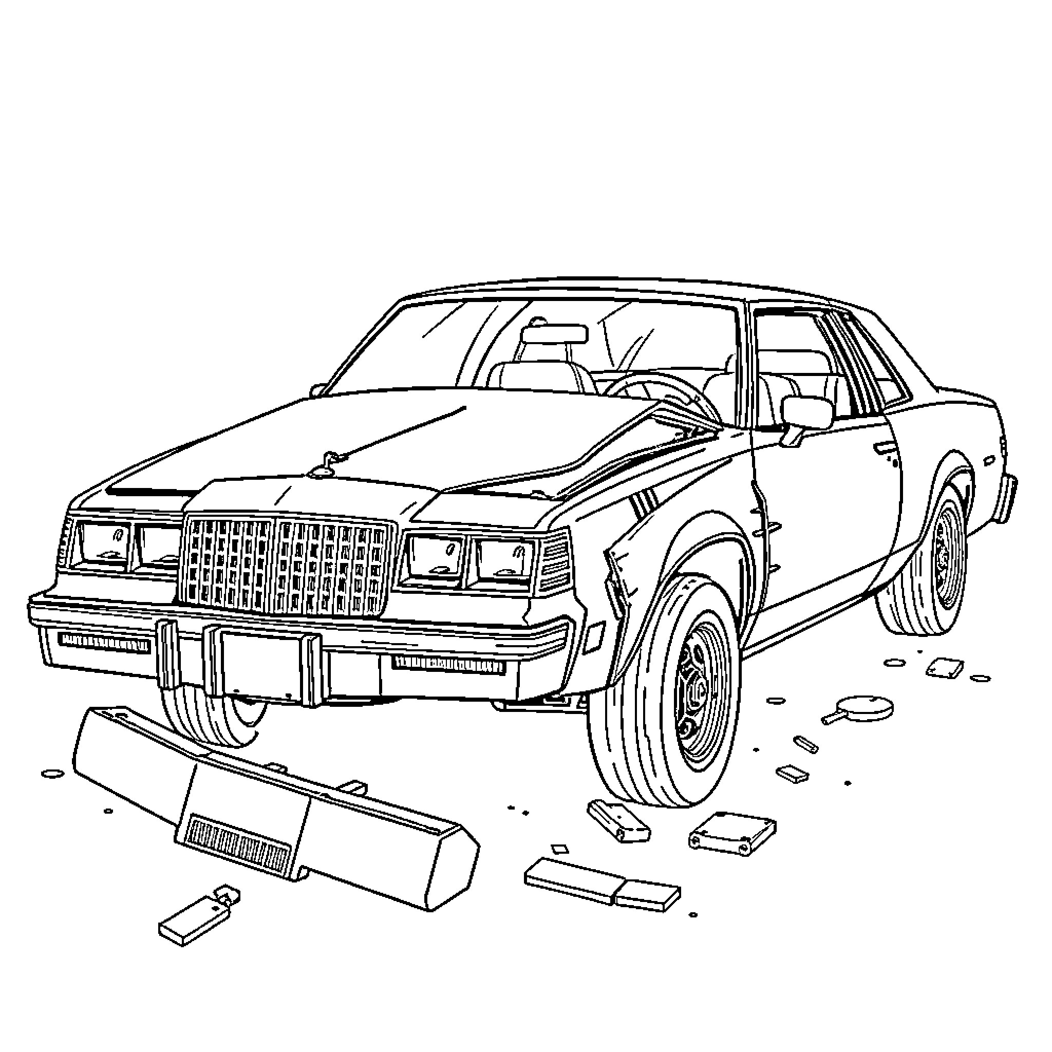 Cutlass Wrecked Luxury Car on the Road Coloring Page (free black-and-white line drawing printable PDF for all, from beginners to advanced learners, including children, teens, adults, and seniors)