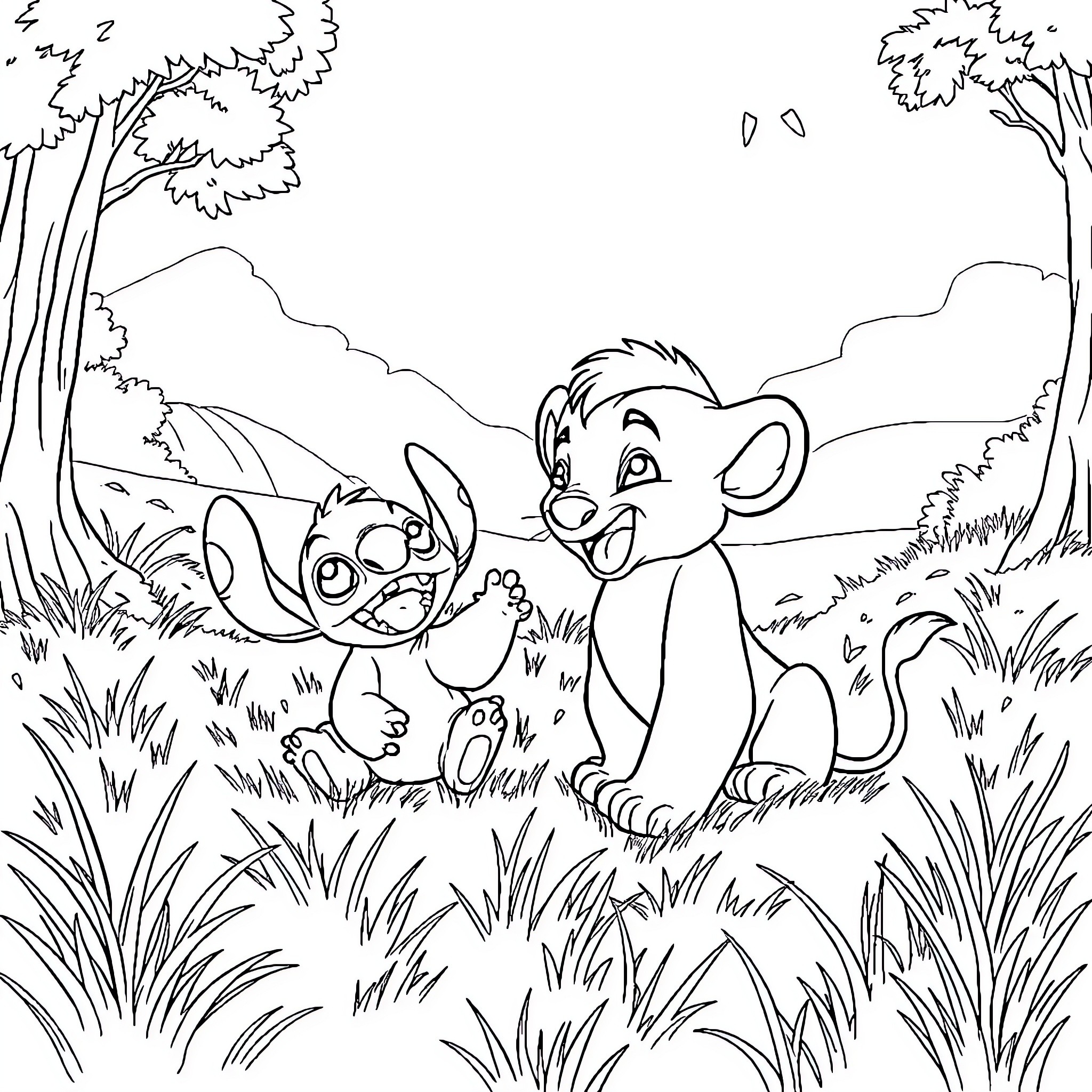 Simba and friends playing in the jungle Coloring Page (free black-and-white line drawing printable PDF for all, from beginners to advanced learners, including children, teens, adults, and seniors)
