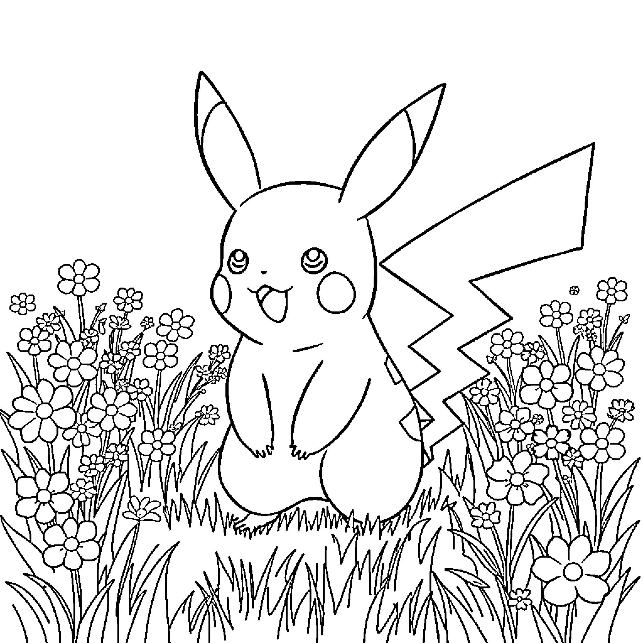 Pikachu in a Flower Garden Coloring Page (free black-and-white line drawing printable PDF for all, from beginners to advanced learners, including children, teens, adults, and seniors)