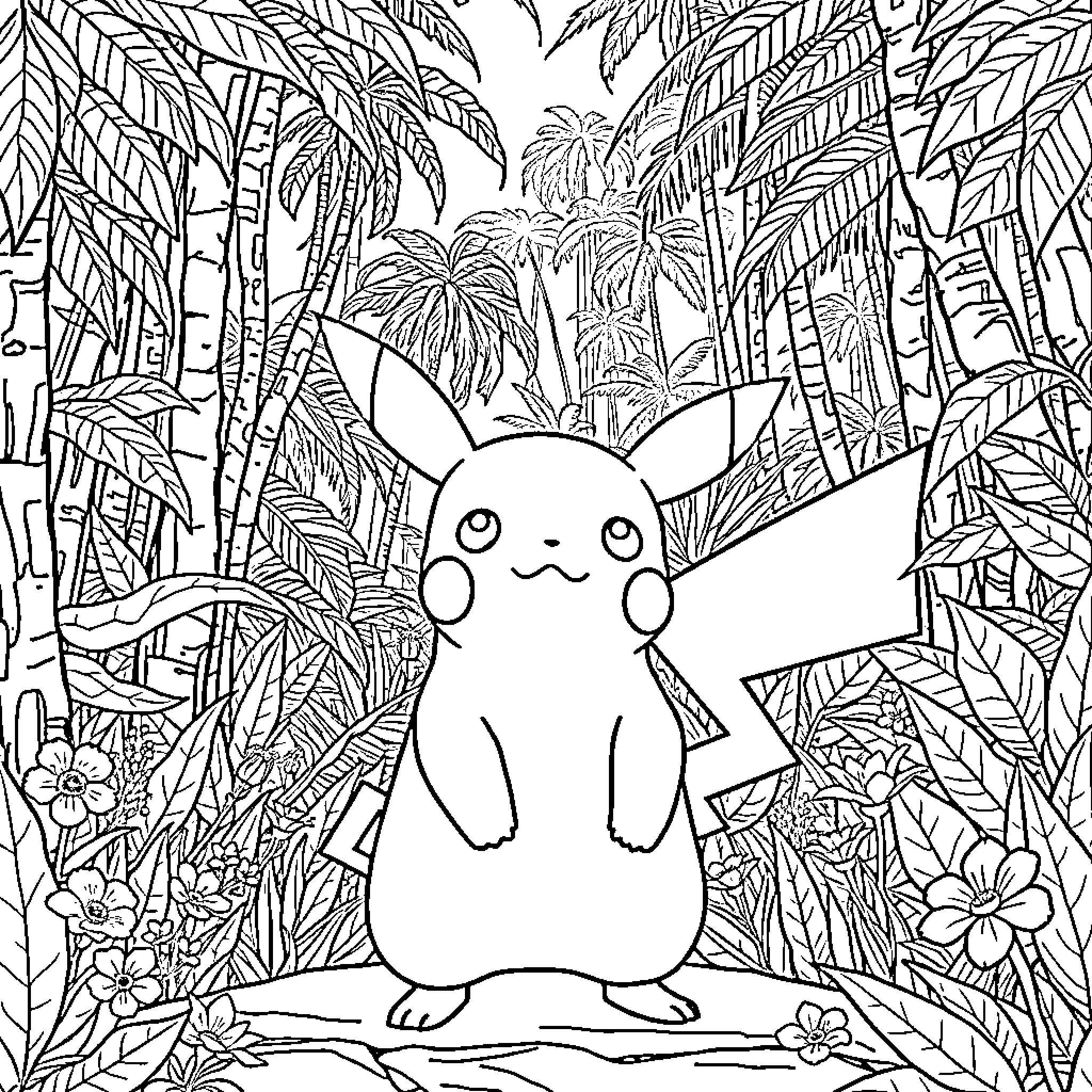 Pikachu enjoying the tropical forest Coloring Page (free black-and-white line drawing printable PDF for all, from beginners to advanced learners, including children, teens, adults, and seniors)