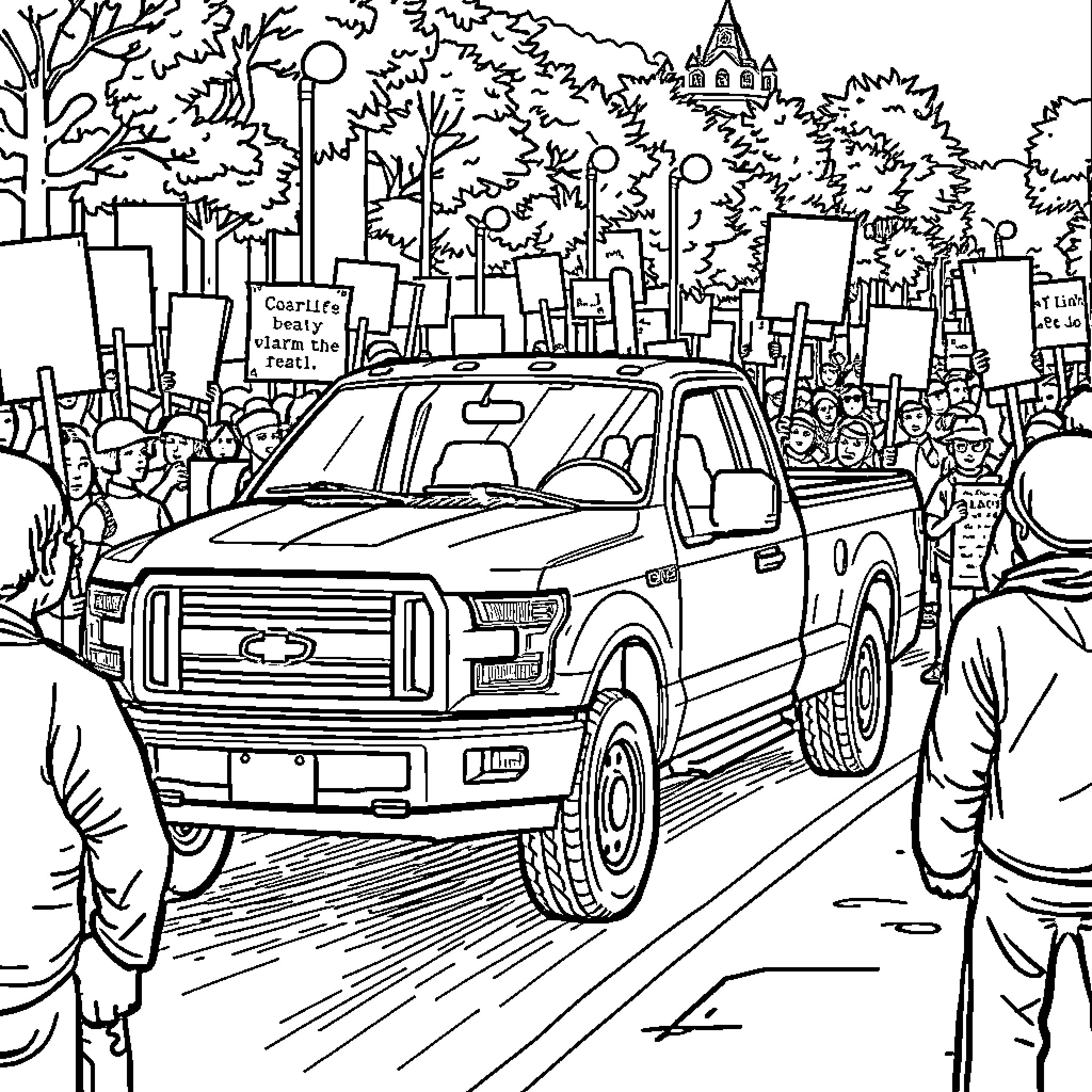 Pickup Truck in Protest Scene Coloring Page (free black-and-white line drawing printable PDF for all, from beginners to advanced learners, including children, teens, adults, and seniors)