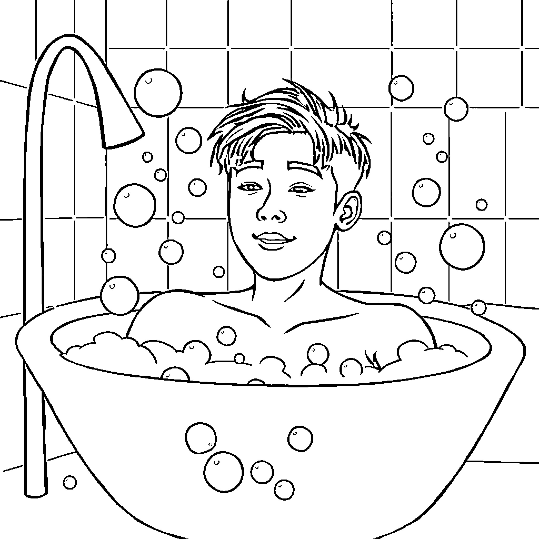 Song Kang relaxing in a bubble bath Coloring Page (free black-and-white line drawing printable PDF for all, from beginners to advanced learners, including children, teens, adults, and seniors)