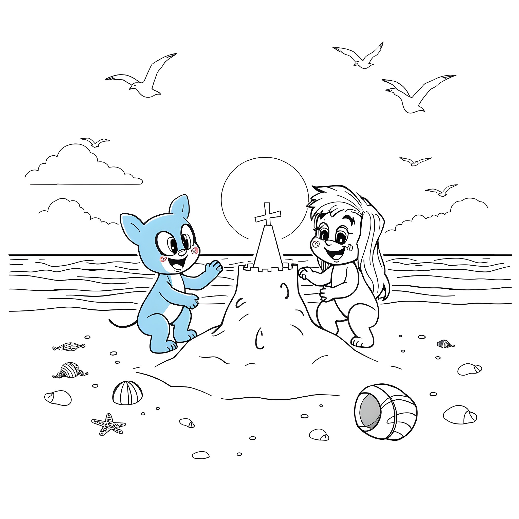 Bluey and Friends Enjoy a Beach Adventure Coloring Page (free black-and-white line drawing printable PDF for all, from beginners to advanced learners, including children, teens, adults, and seniors)