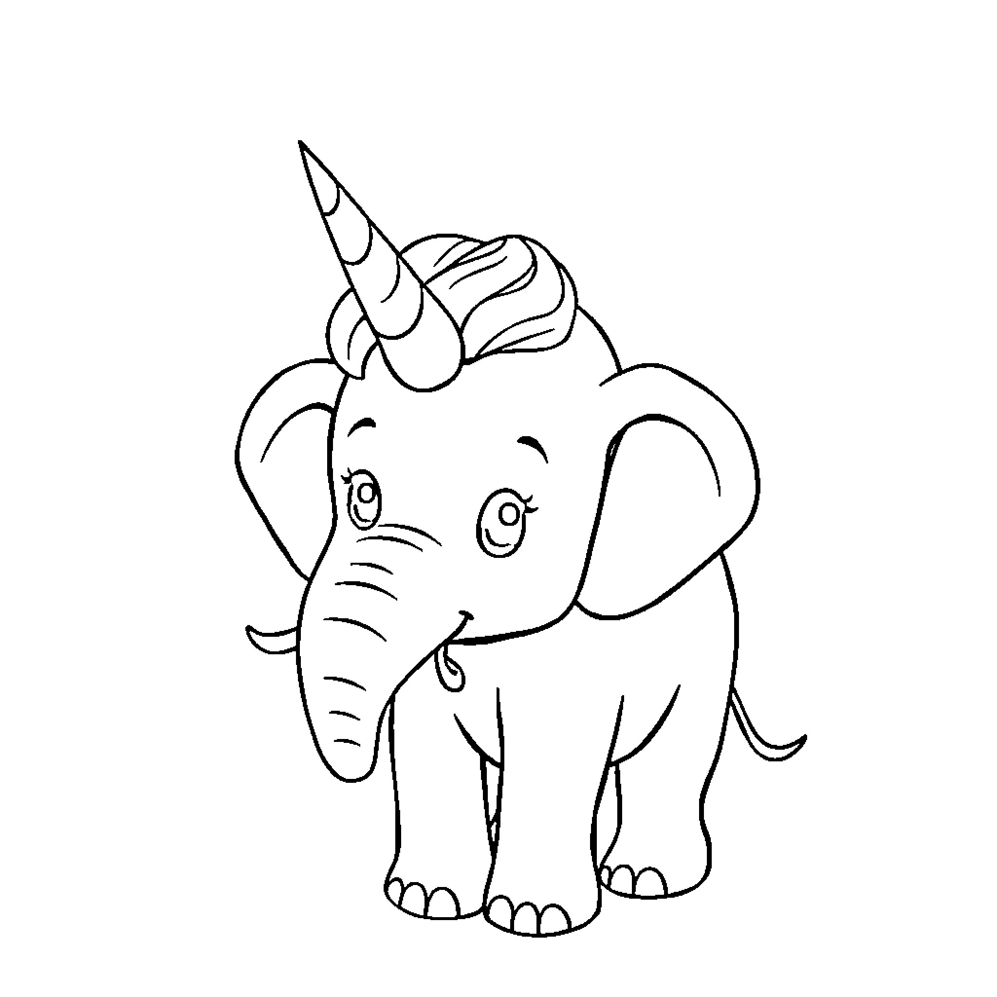Baby Elephant with Unique Horn Exploring Curiously Coloring Page (free black-and-white line drawing printable PDF for all, from beginners to advanced learners, including children, teens, adults, and seniors)