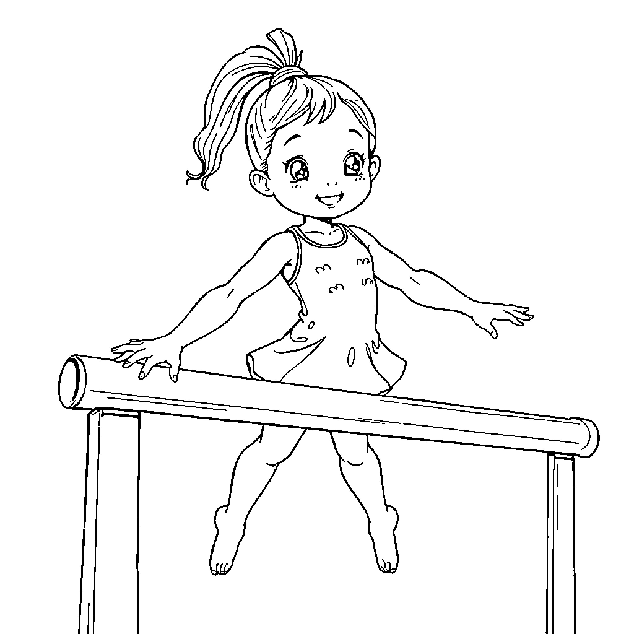Girl performing gymnastics on balance beam Coloring Page (free black-and-white line drawing printable PDF for all, from beginners to advanced learners, including children, teens, adults, and seniors)