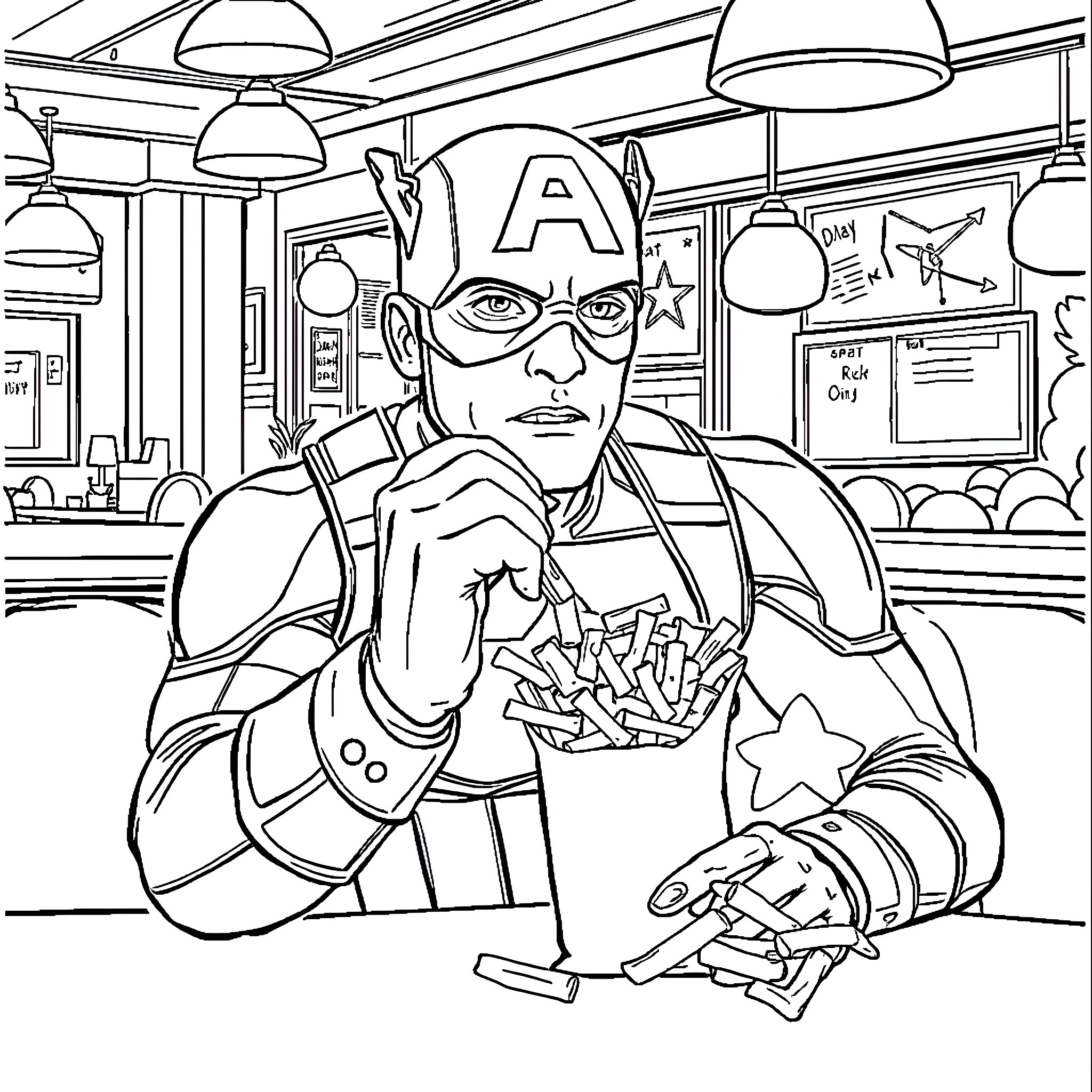 Captain America Enjoying Snacks in a Diner Coloring Page (free black-and-white line drawing printable PDF for all, from beginners to advanced learners, including children, teens, adults, and seniors)