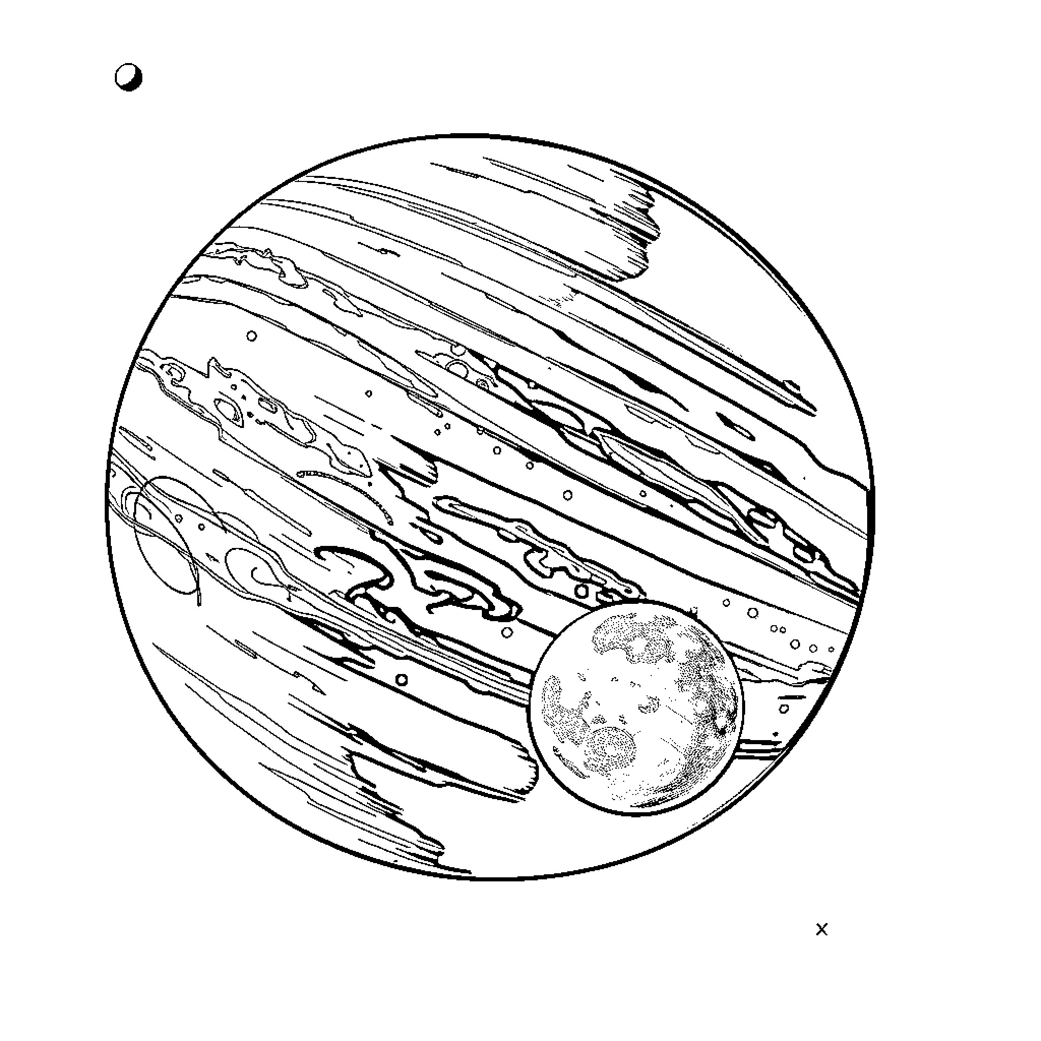 Jupiter's storms and moons in the night sky Coloring Page (free black-and-white line drawing printable PDF for all, from beginners to advanced learners, including children, teens, adults, and seniors)