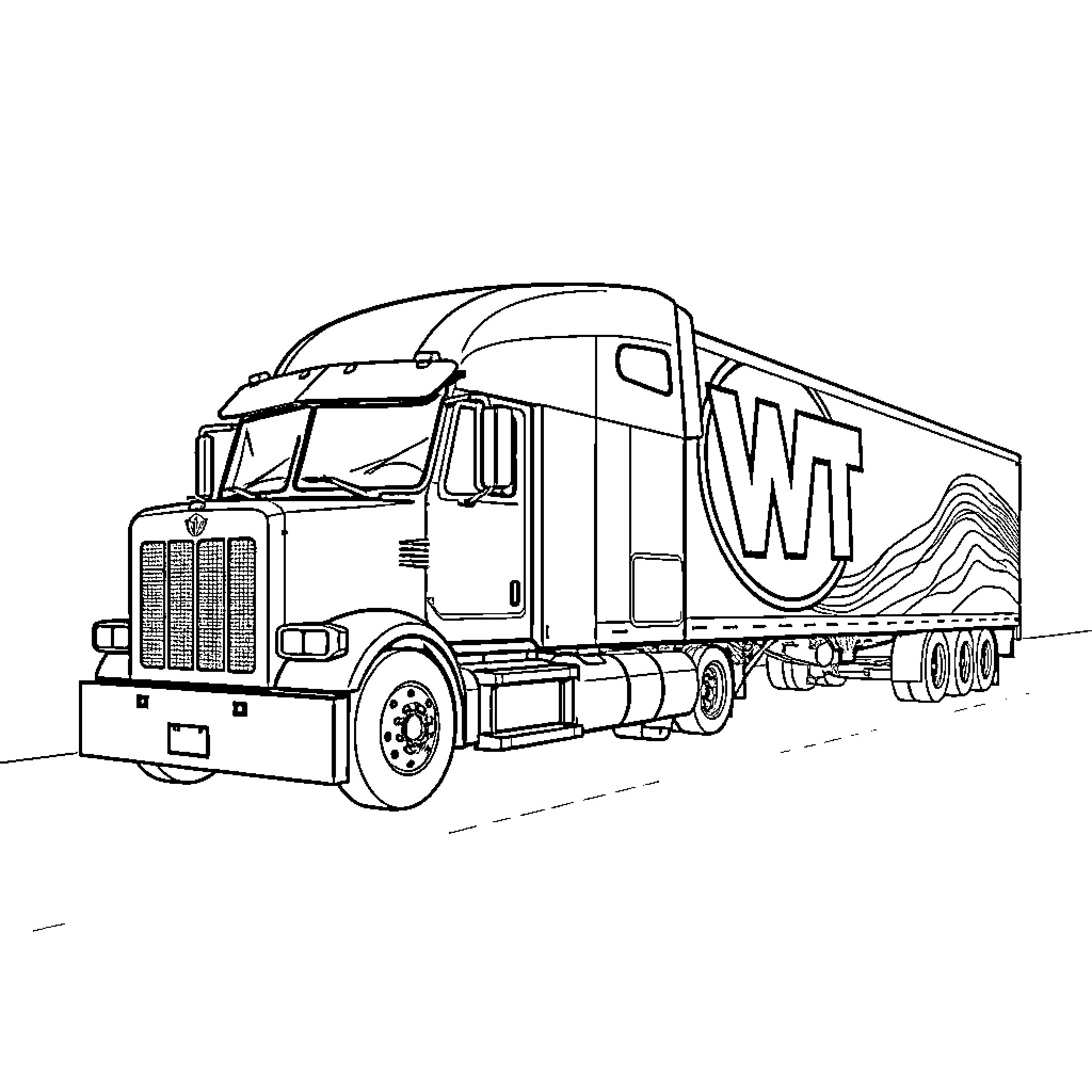 Semi Trailer with Delivery Truck Coloring Page (free black-and-white line drawing printable PDF for all, from beginners to advanced learners, including children, teens, adults, and seniors)