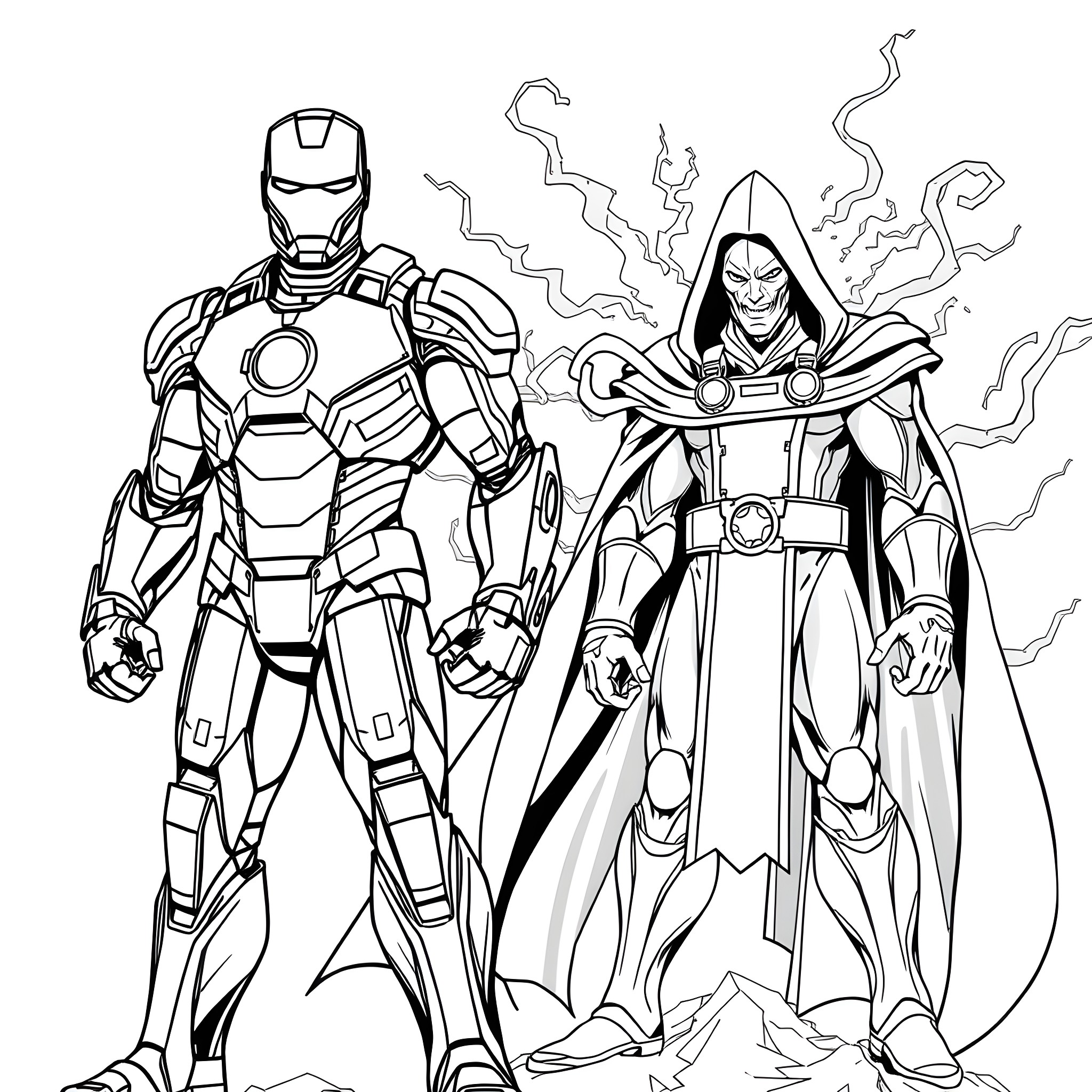 Ironman and Sorcerer in Action Coloring Page (free black-and-white line drawing printable PDF for all, from beginners to advanced learners, including children, teens, adults, and seniors)