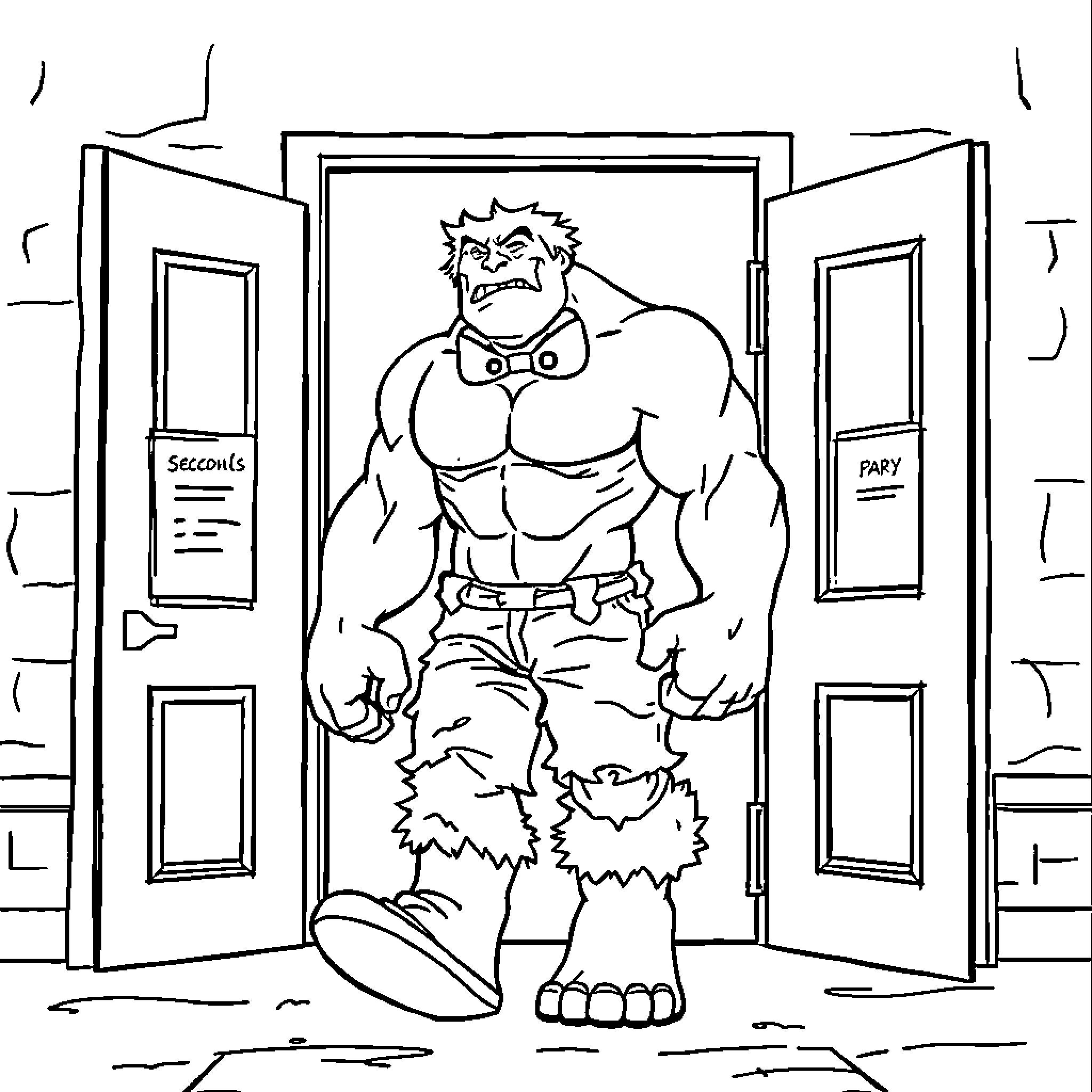 Hulk Smashing Through Doors in Anger Coloring Page (free black-and-white line drawing printable PDF for all, from beginners to advanced learners, including children, teens, adults, and seniors)
