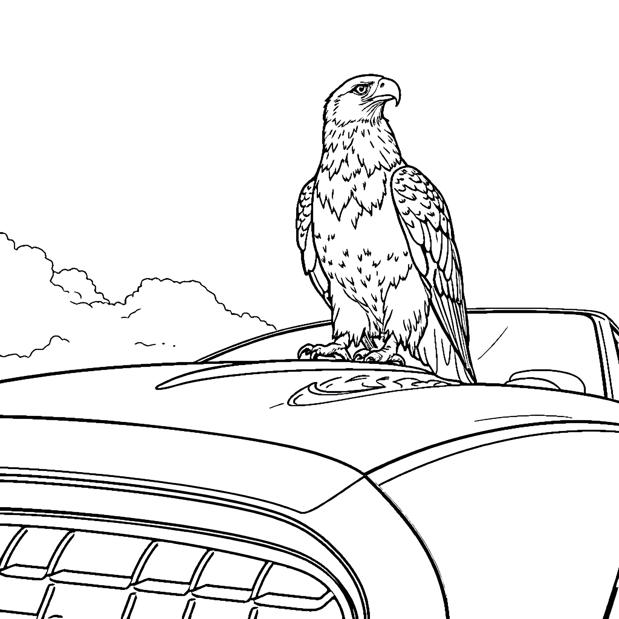 Eagle perched on a vintage car in the wilderness Coloring Page (free black-and-white line drawing printable PDF for all, from beginners to advanced learners, including children, teens, adults, and seniors)