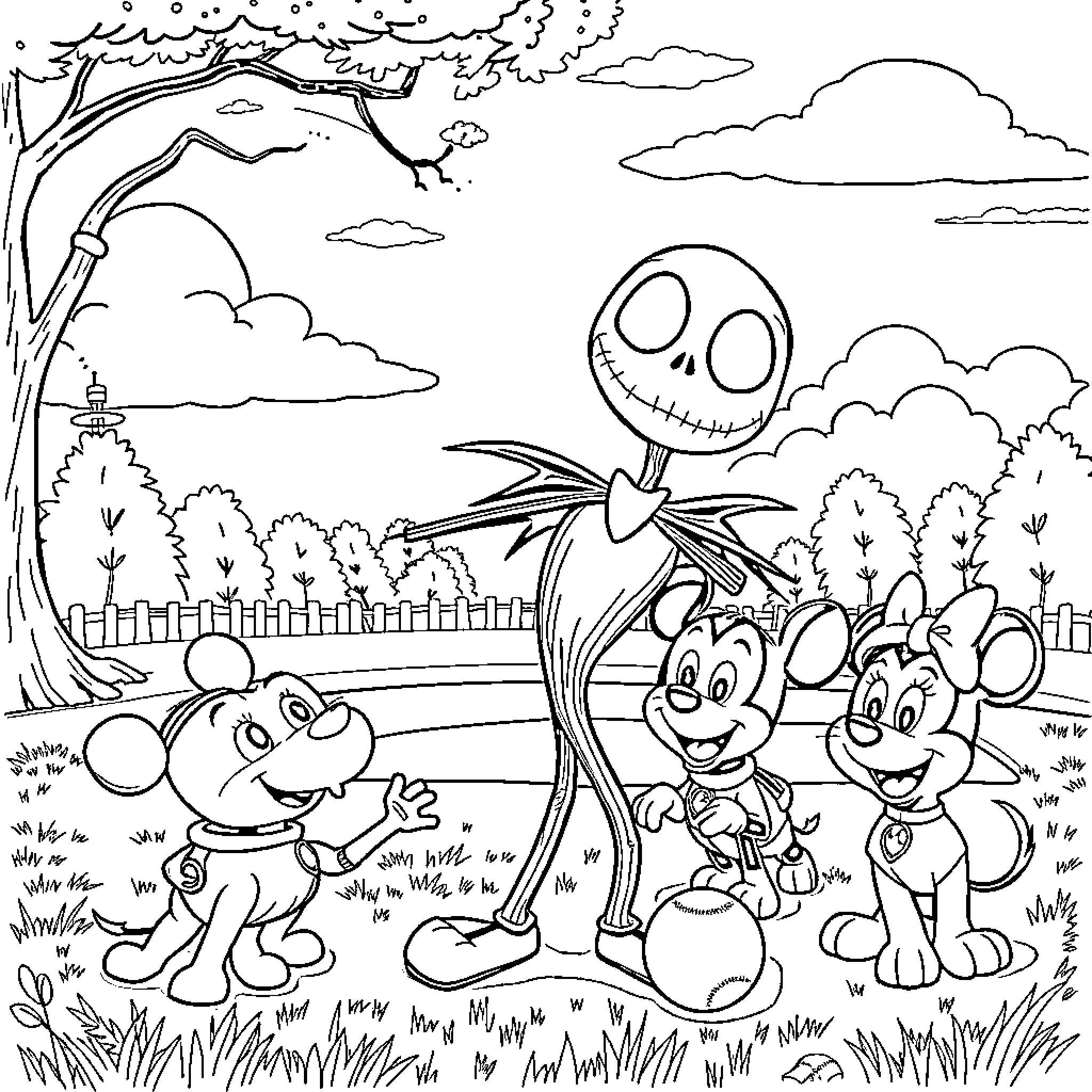Character Playing in Magical Forest Landscape Coloring Page (free black-and-white line drawing printable PDF for all, from beginners to advanced learners, including children, teens, adults, and seniors)