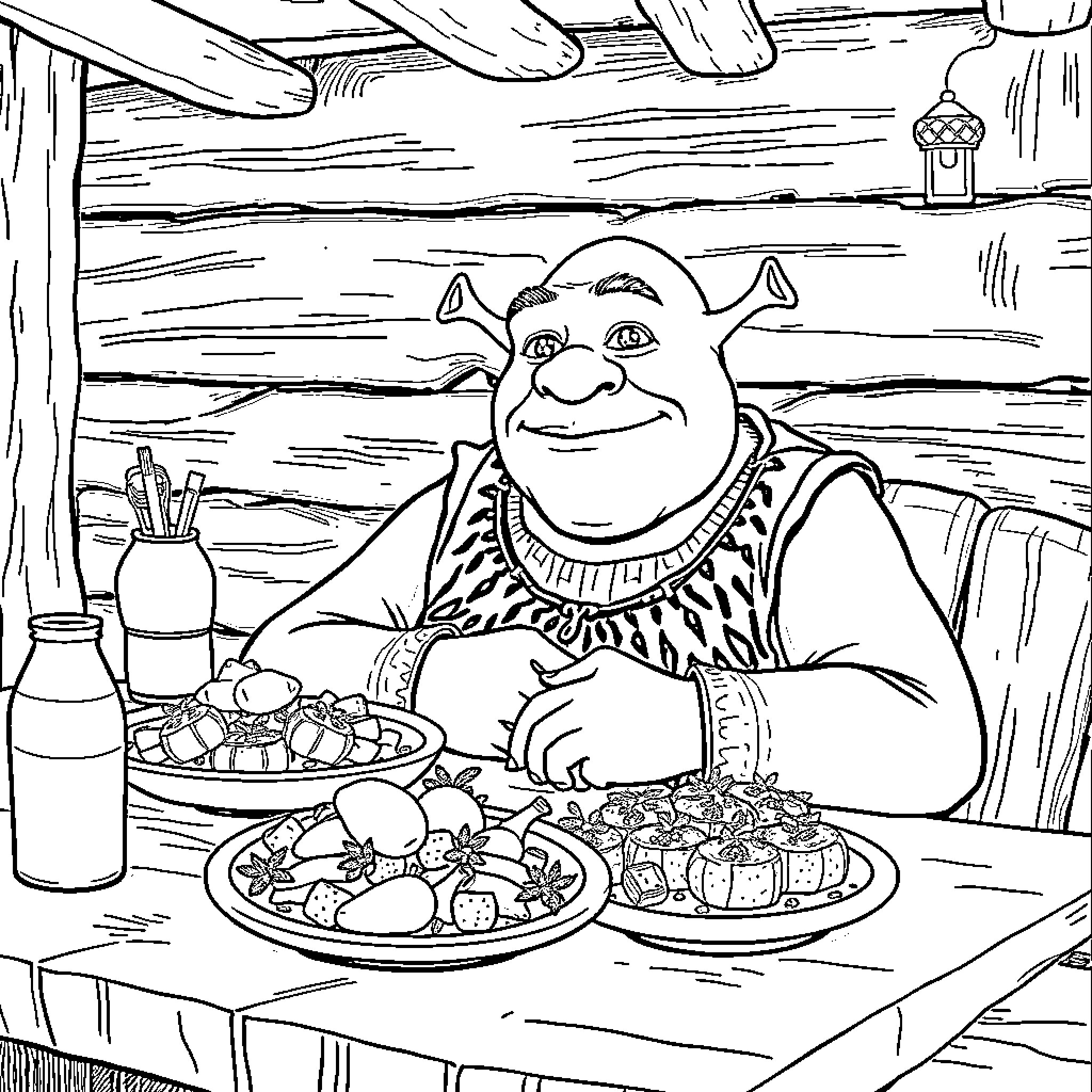 Shrek Enjoying a Hearty Meal in His Cabin Coloring Page (free black-and-white line drawing printable PDF for all, from beginners to advanced learners, including children, teens, adults, and seniors)