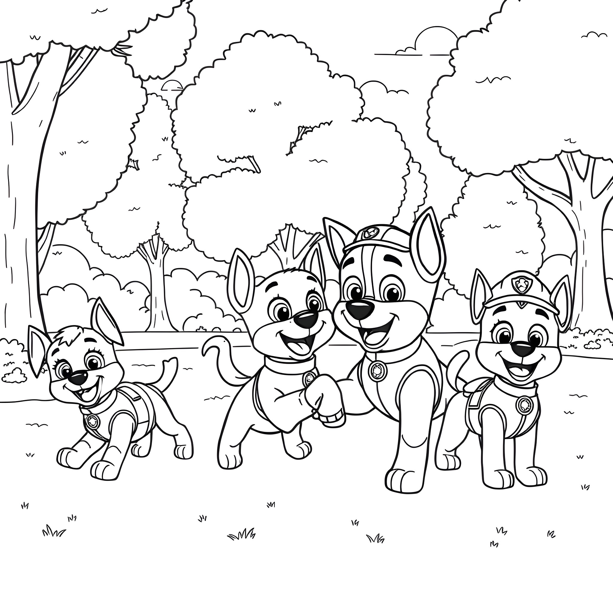 Bluey and friends playing in the forest Coloring Page (free black-and-white line drawing printable PDF for all, from beginners to advanced learners, including children, teens, adults, and seniors)