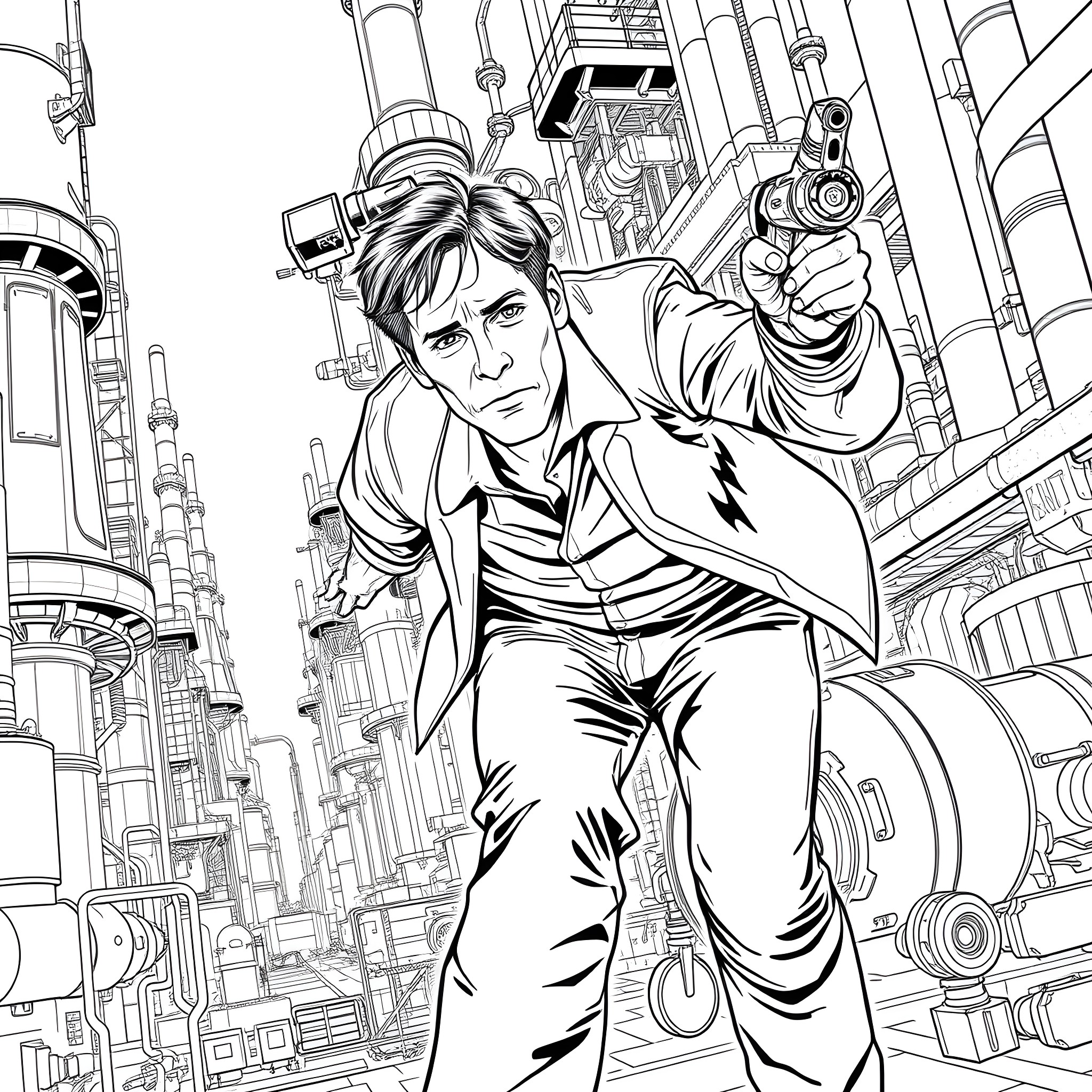Harrison Ford Aiming Blaster in Futuristic City Coloring Page (free black-and-white line drawing printable PDF for all, from beginners to advanced learners, including children, teens, adults, and seniors)