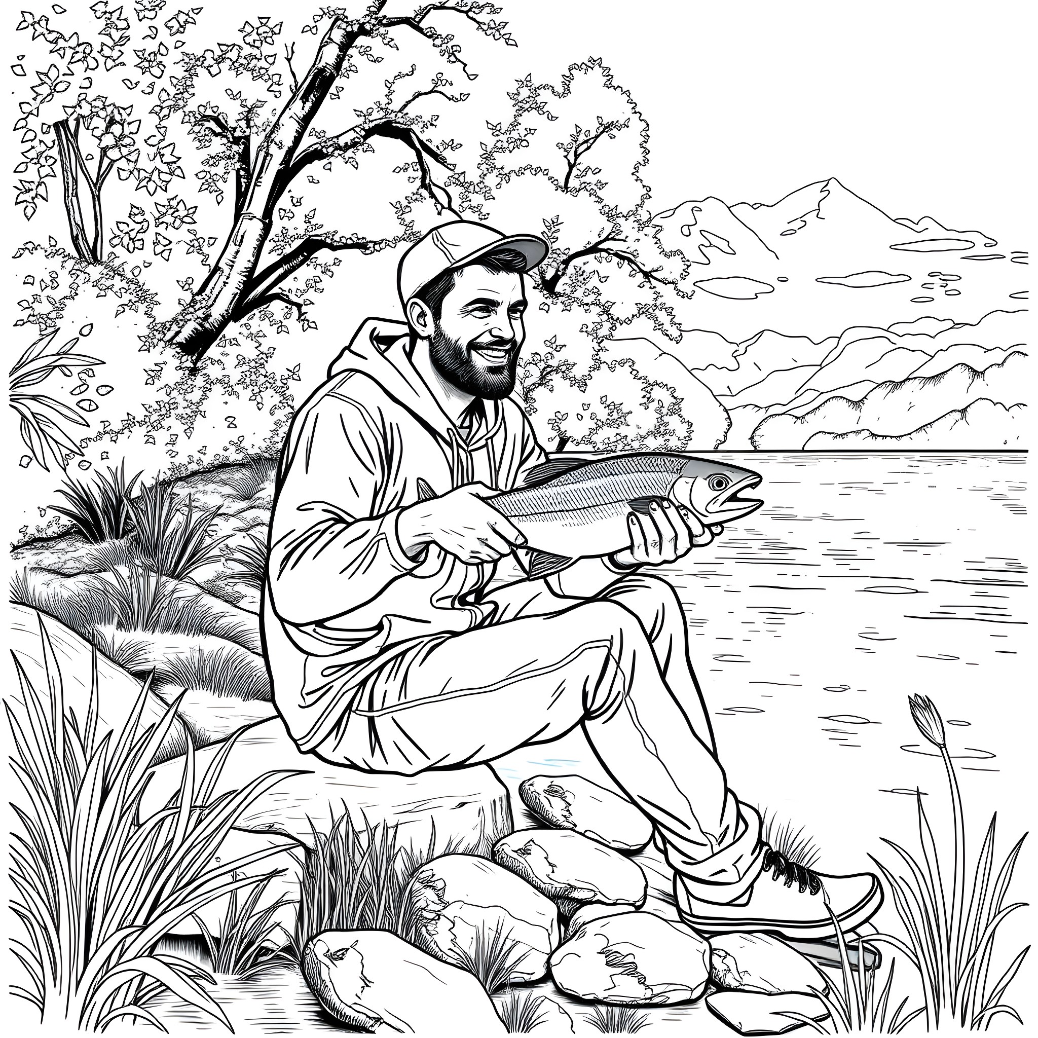 Man fishing peacefully by the lake Coloring Page (free black-and-white line drawing printable PDF for all, from beginners to advanced learners, including children, teens, adults, and seniors)
