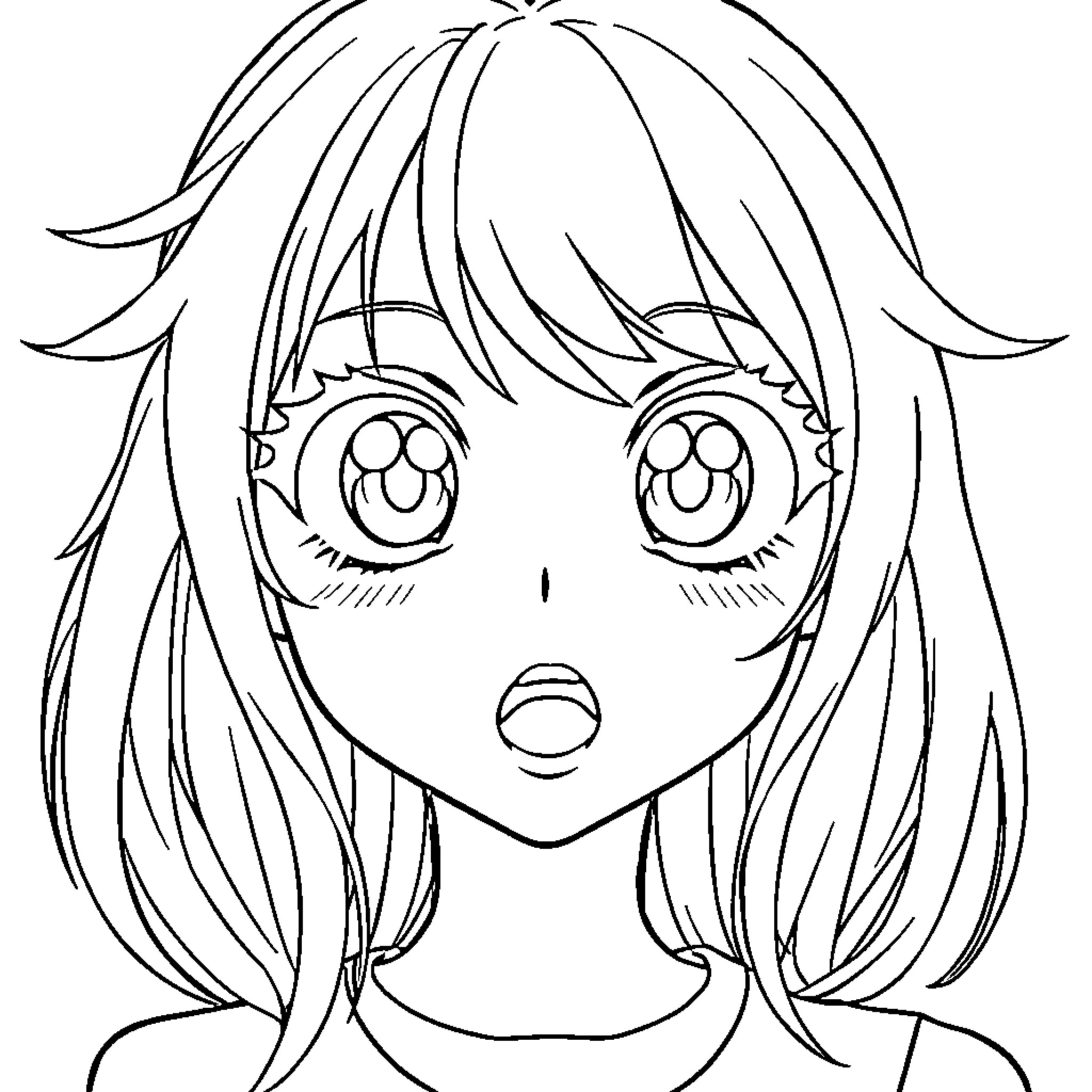 Anime Girl with Surprised Expression Coloring Page (free black-and-white line drawing printable PDF for all, from beginners to advanced learners, including children, teens, adults, and seniors)