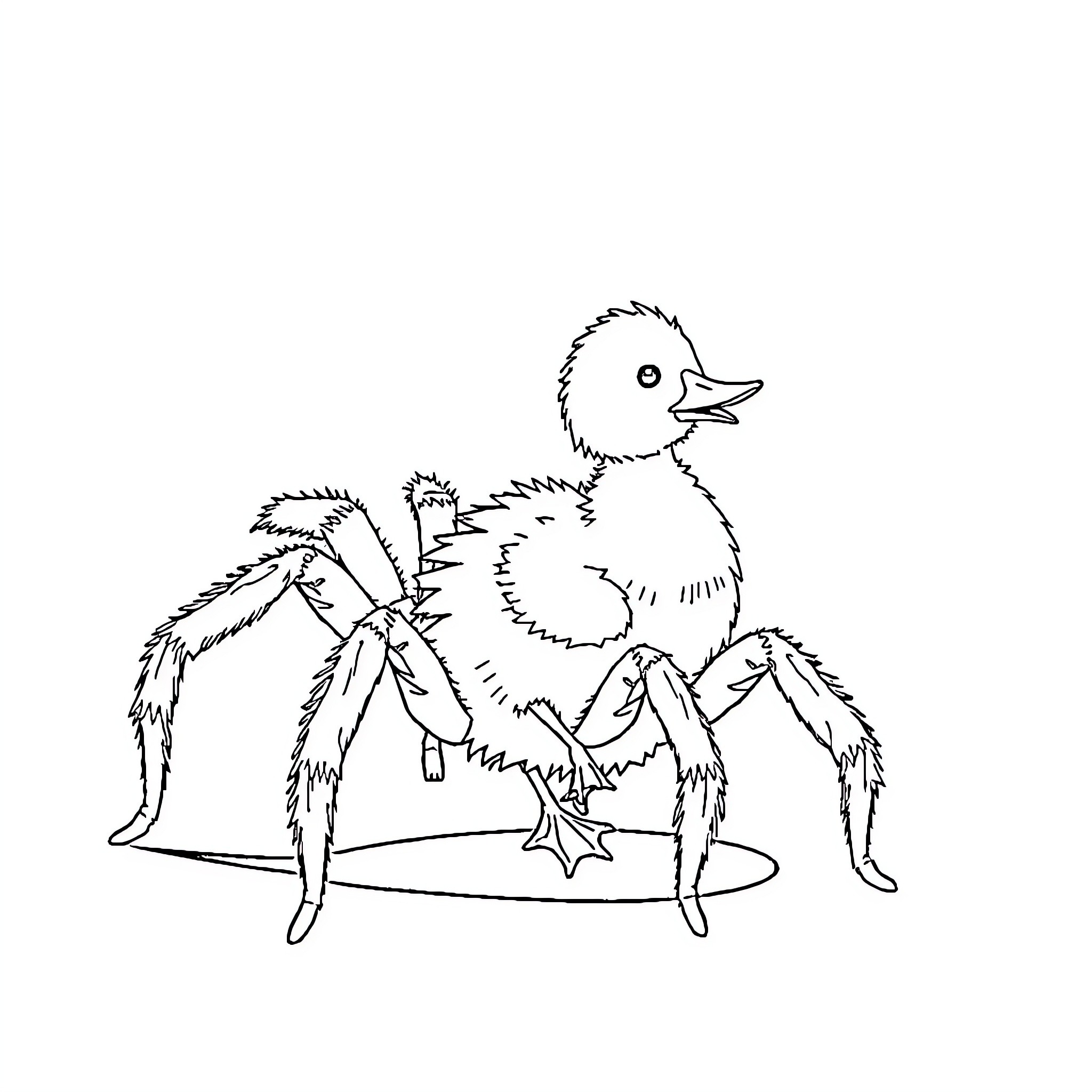 Tarantula-like duckling exploring its surroundings Coloring Page (free black-and-white line drawing printable PDF for all, from beginners to advanced learners, including children, teens, adults, and seniors)
