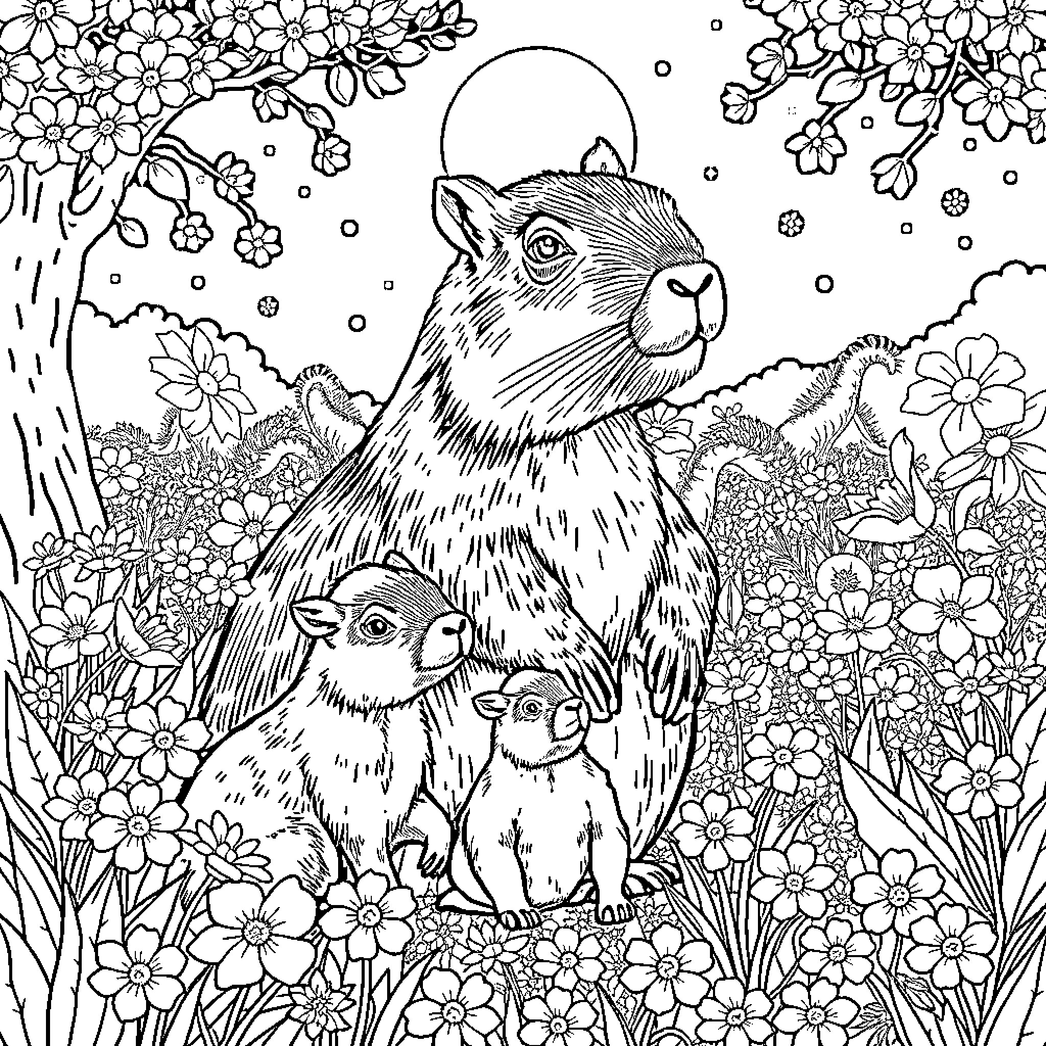 Capybara family in a floral garden Coloring Page (free black-and-white line drawing printable PDF for all, from beginners to advanced learners, including children, teens, adults, and seniors)