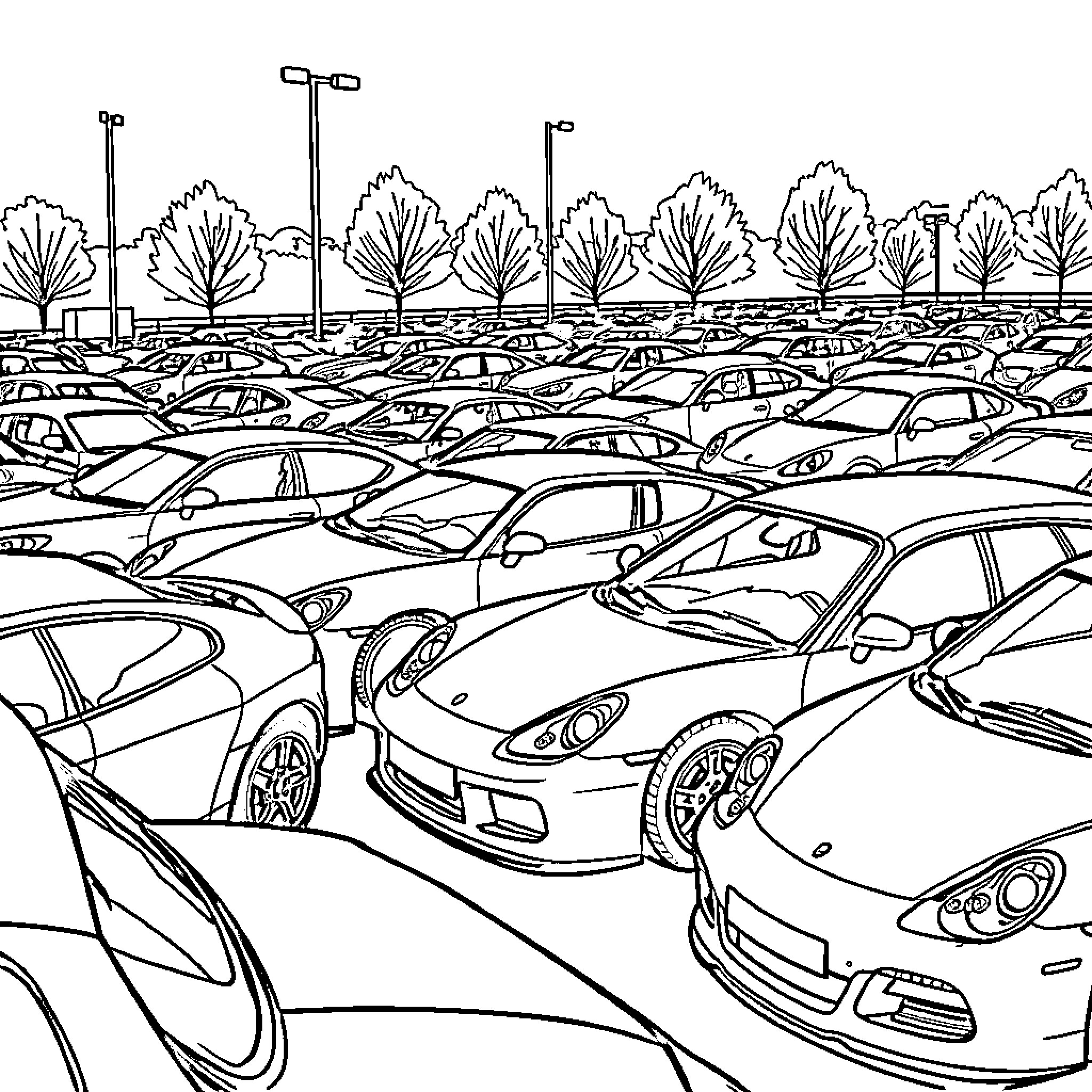 Car parking lot with various vehicles Coloring Page (free black-and-white line drawing printable PDF for all, from beginners to advanced learners, including children, teens, adults, and seniors)