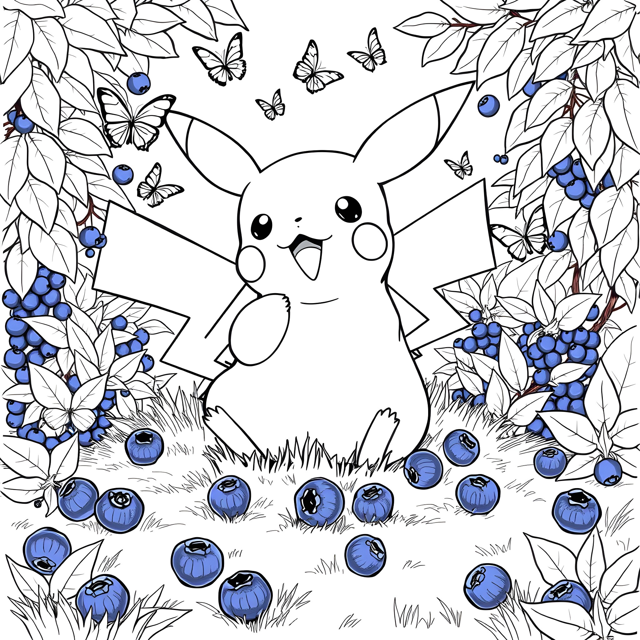 Pikachu surrounded by butterflies and blueberries Coloring Page (free black-and-white line drawing printable PDF for all, from beginners to advanced learners, including children, teens, adults, and seniors)